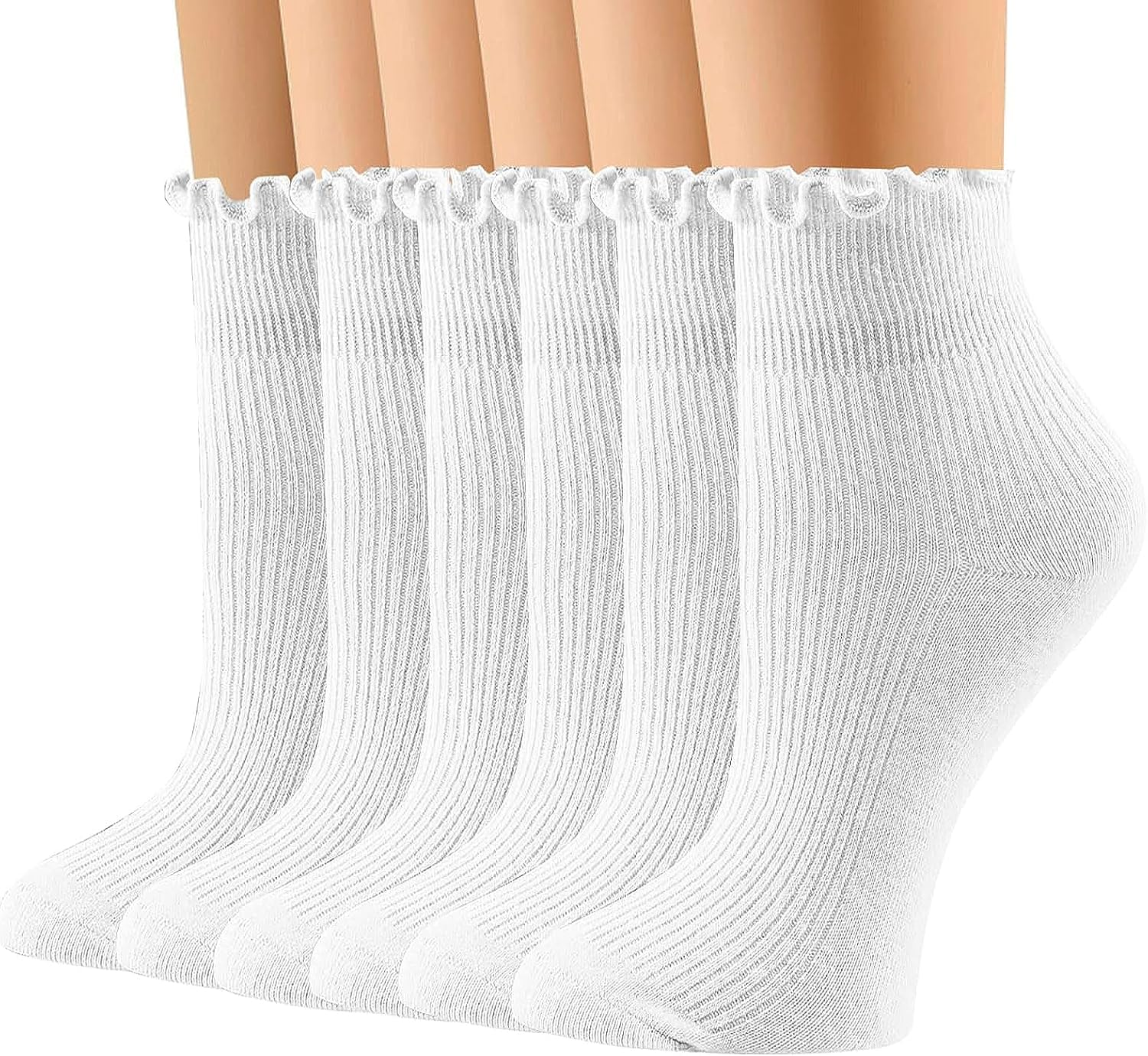 6 Pairs Womens Ruffle Socks,H HOME-MART Ruffle Turn-Cuff Casual Ankle Frilly Socks White Crew Socks Women Breathable Cool - 6 Pairs(6 Multicolor B) image number 4