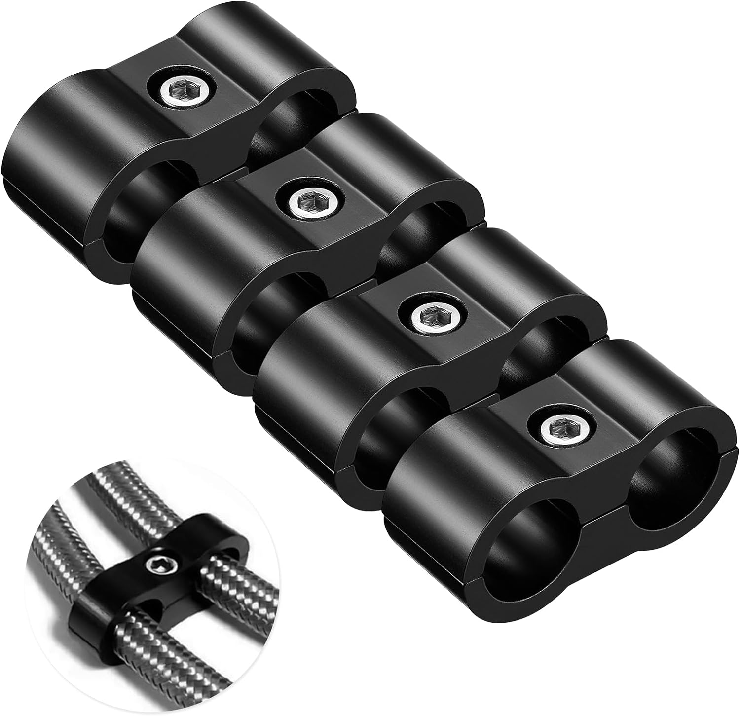 4AN Hose Separator Clamp - Aluminum Fuel Mounting Clamps, Great for 1/4 Fuel, Oil, Brake, Water, Gas Line, 4Pcs/Pack, Black