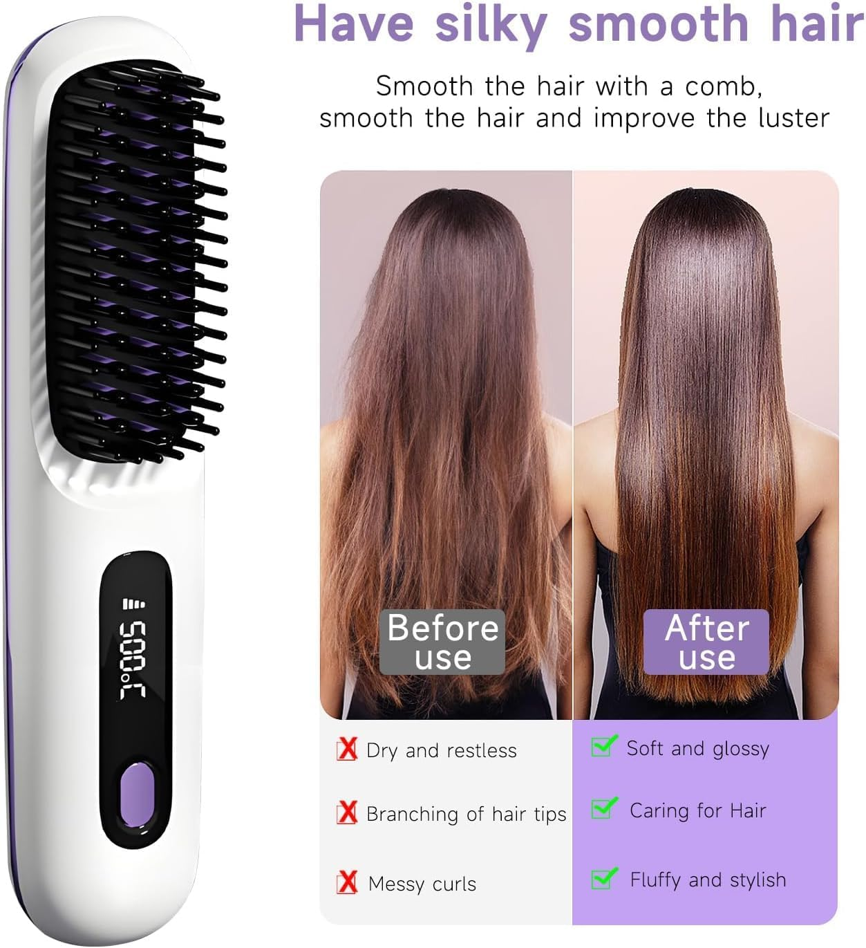 QUMOX Cordless Hair Straightener Brush, Portable Straightening Brush for Travel, Mini Hot Ionic Straightener Comb for Women, Ceramic Coating, Lightweight for Touch-Ups, White (Charger Not Included) image number 5