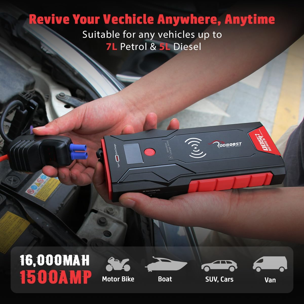 ROOBOOST Jump Starter, 1500A 12V Battery Booster, Jump Start Pack, Petrol & Diesel, Smart Jumper Cable, Quick Charge Power Bank, Wireless Charger, Digital Display. RB-PRO1500 Car Battery Jump Starter image number 4