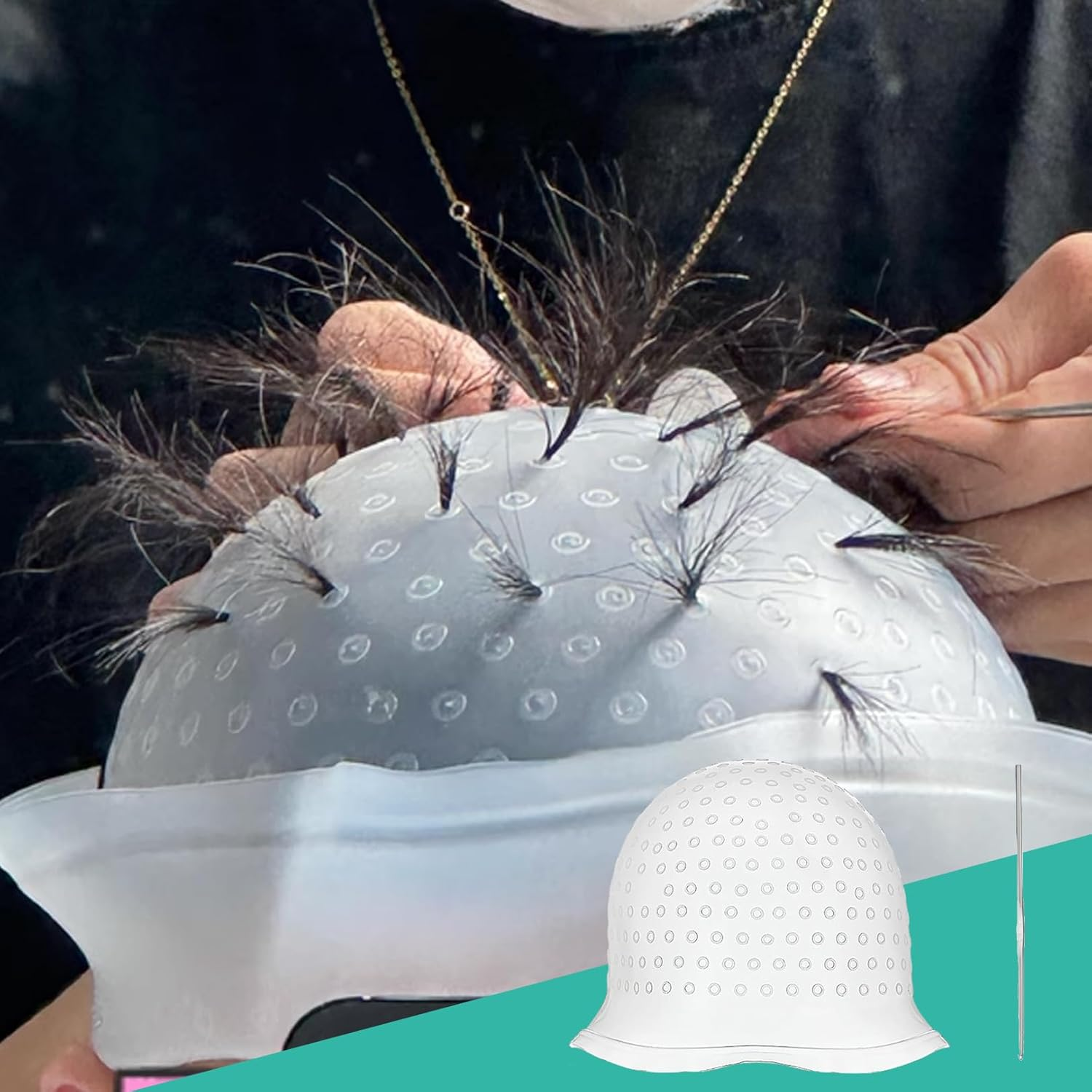 Silicone Hair Weft Cap, Hair Net Strands Hood with Holes, Reusable Hair Hairdresser Hair Colour, High Gloss Strands Set for Professional Salon and Home Hair Dyeing (White) image number 6