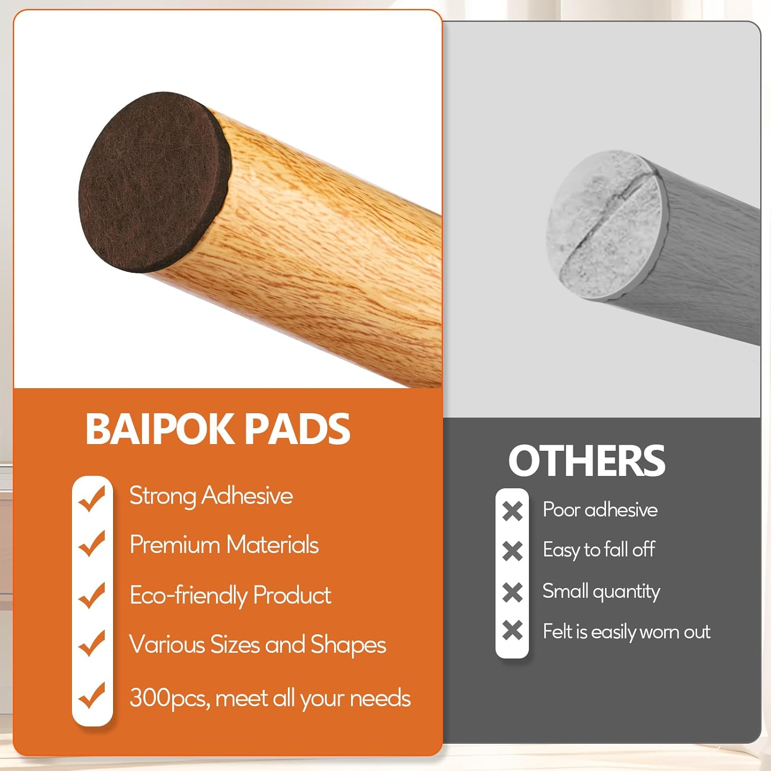 Furniture Pads Felt Pads Pack of 300 5Mm Thick Furniture Felt Pads, Self Adhesive anti Scratch Floor Protectors, Used for Hardwood Tile Wood Floor- Extra 60 Rubber Bumpers (Brown) image number 3