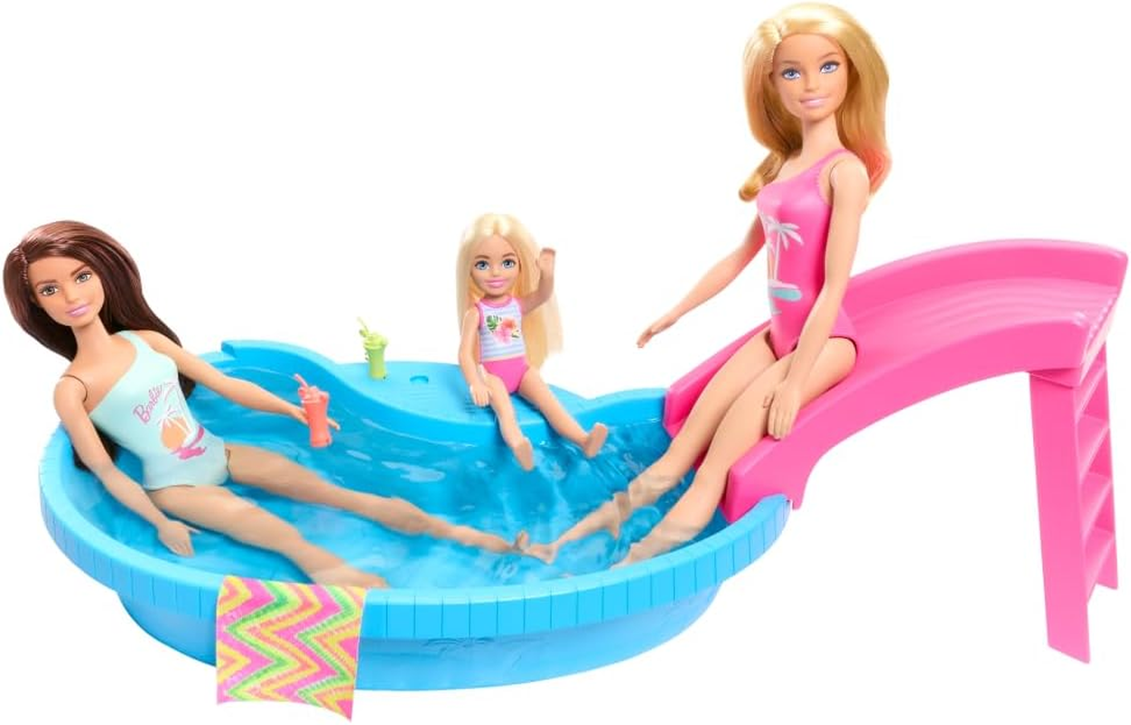 Barbie Doll and Pool Playset, Blonde in Tropical Pink One-Piece Swimsuit with Pool, Slide, Towel and Drink Accessories image number 6