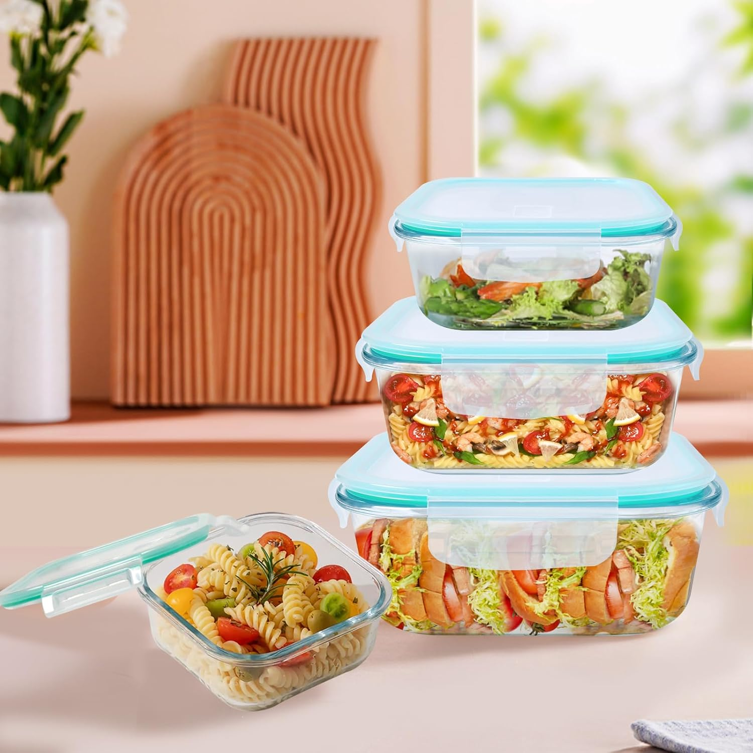 Meal Prep Boxes Glass Containers with Lid, Dishwasher Food Storage Containers with Lid, Microwave and Freezer Friendly, Leak-Proof (Light Green, 320+520+800+1200Ml) image number 1