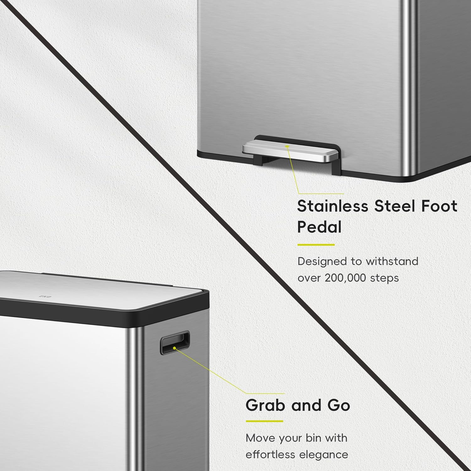 EKO Ecocasa II Rectangular Kitchen Step Trash Can, 20L+20L Dual Compartment Recycling Bins, Stainless Steel Lid and Pedal, Odor-Proof, Fingerprint Resistant image number 2