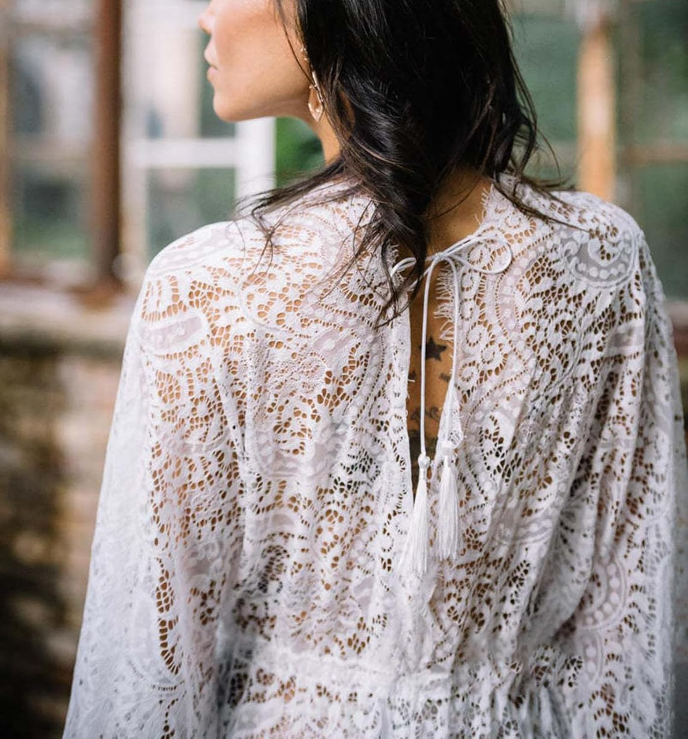 Uneedvog Maternity Dress for Photoshoot Lace Drawstring Pregnancy Clothes V-Neck Long Sleeves Maternity image number 6