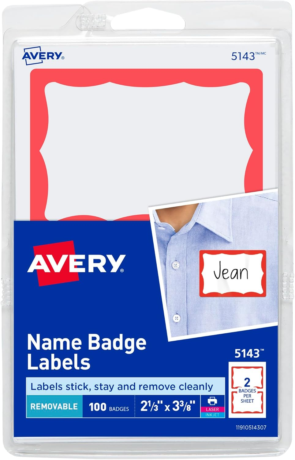 Avery Hello My Name Is Name Tags, White with Red Border, 100 Removable Name Badges (05140)