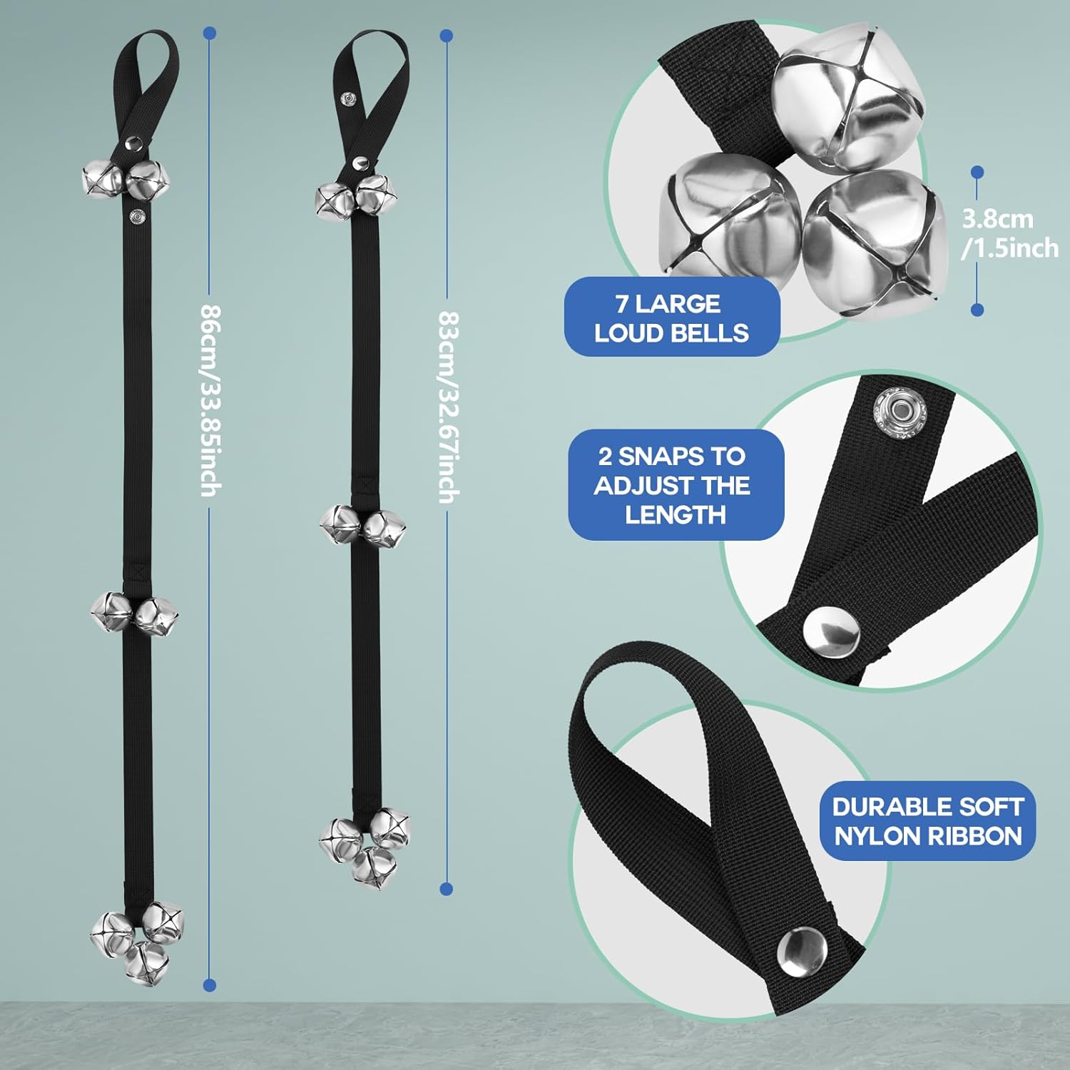 Dog Doorbells (2 Pack), KIKISML Puppy Door Bell Pet Training Bell for Ring Go outside Potty Communication Toilet Train Door Knob Adjustable Strap 7 Extra Large Loud Bells Cat Interactive Toys, Black image number 4