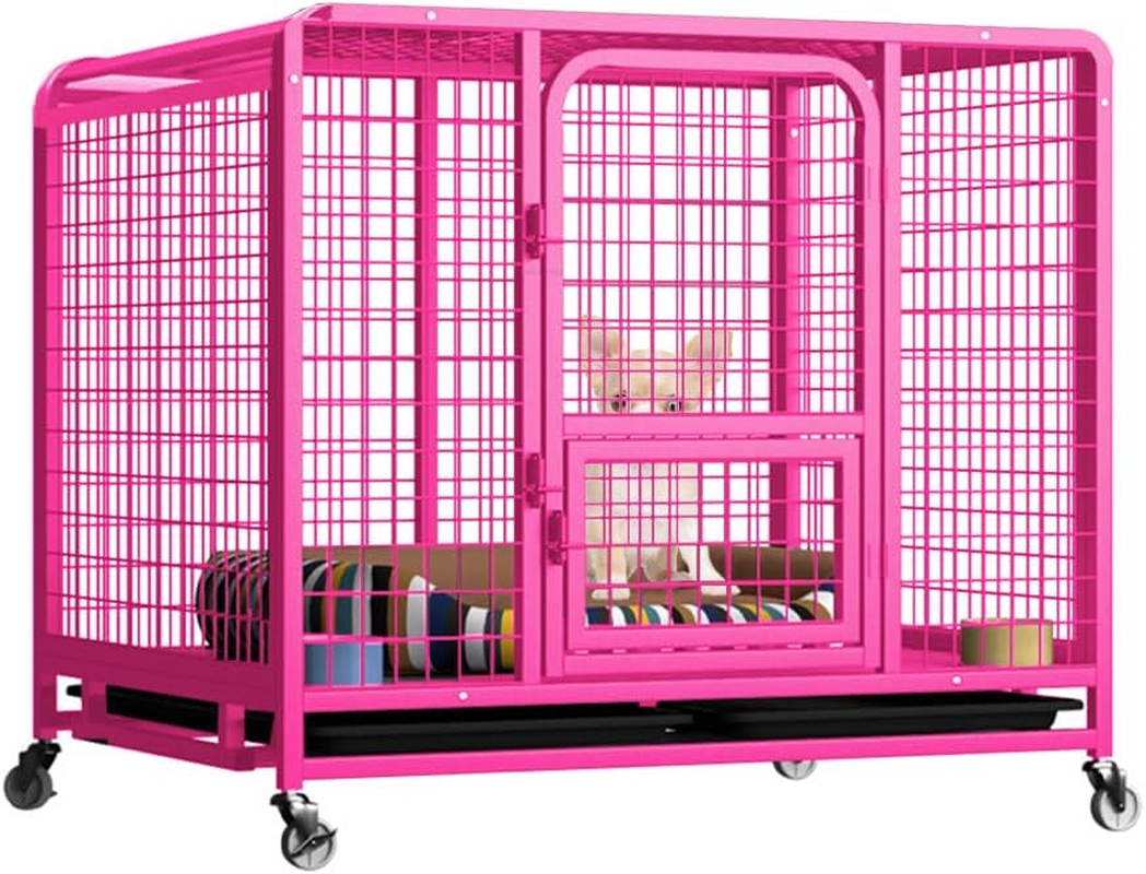 36" Dog Cage Crate,Large Kennel Pet Cage with Removable Tray&4 Rollers,Foldable Cat Puppy Metal Cage Playpen (Pink) image number 4