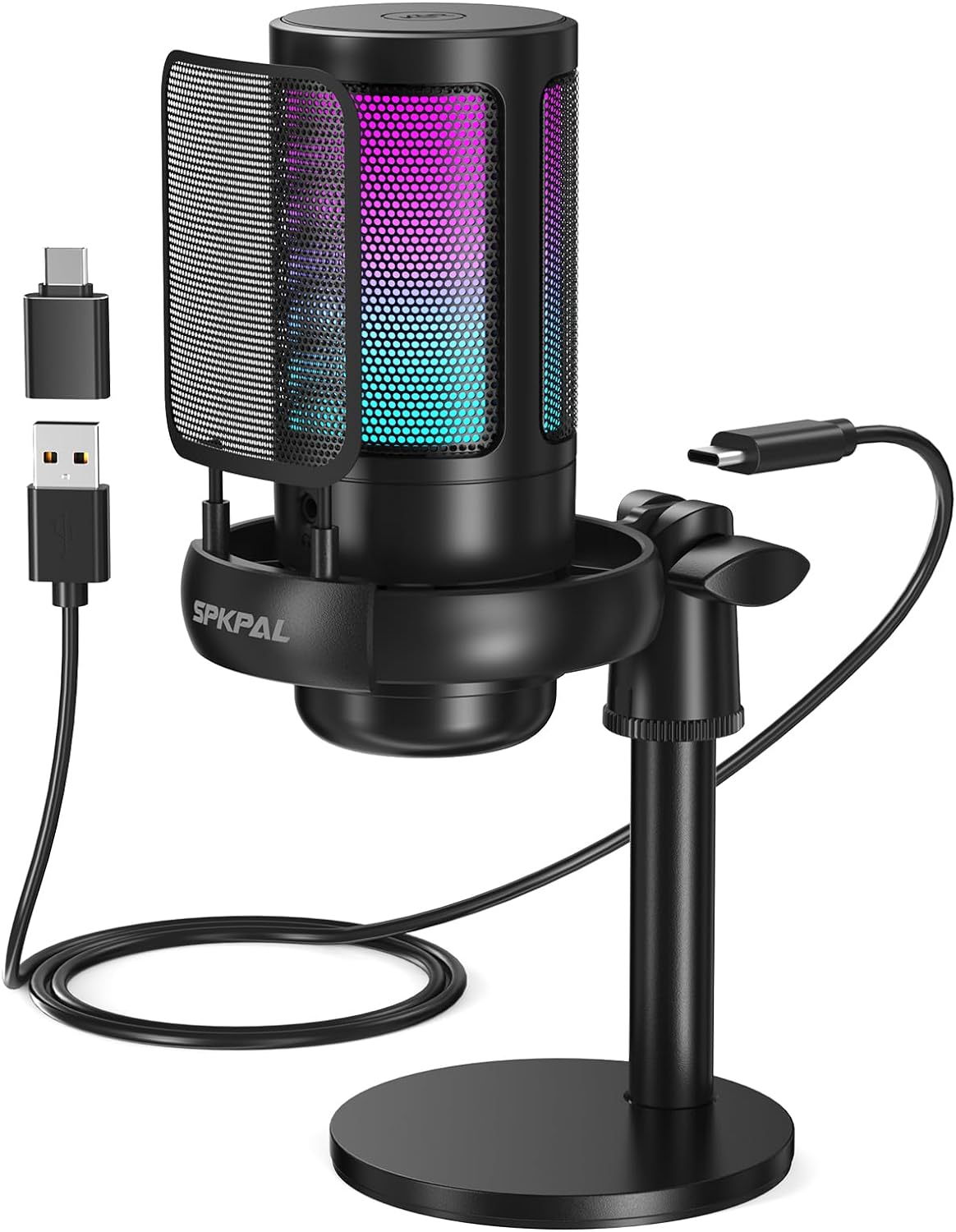 SPKPAL USB Microphone PC, RGB Gaming Mic with Mute Button, Condenser Microphone with Gain Knob & Monitoring Jack for Recording, Streaming, Podcasting image number 5