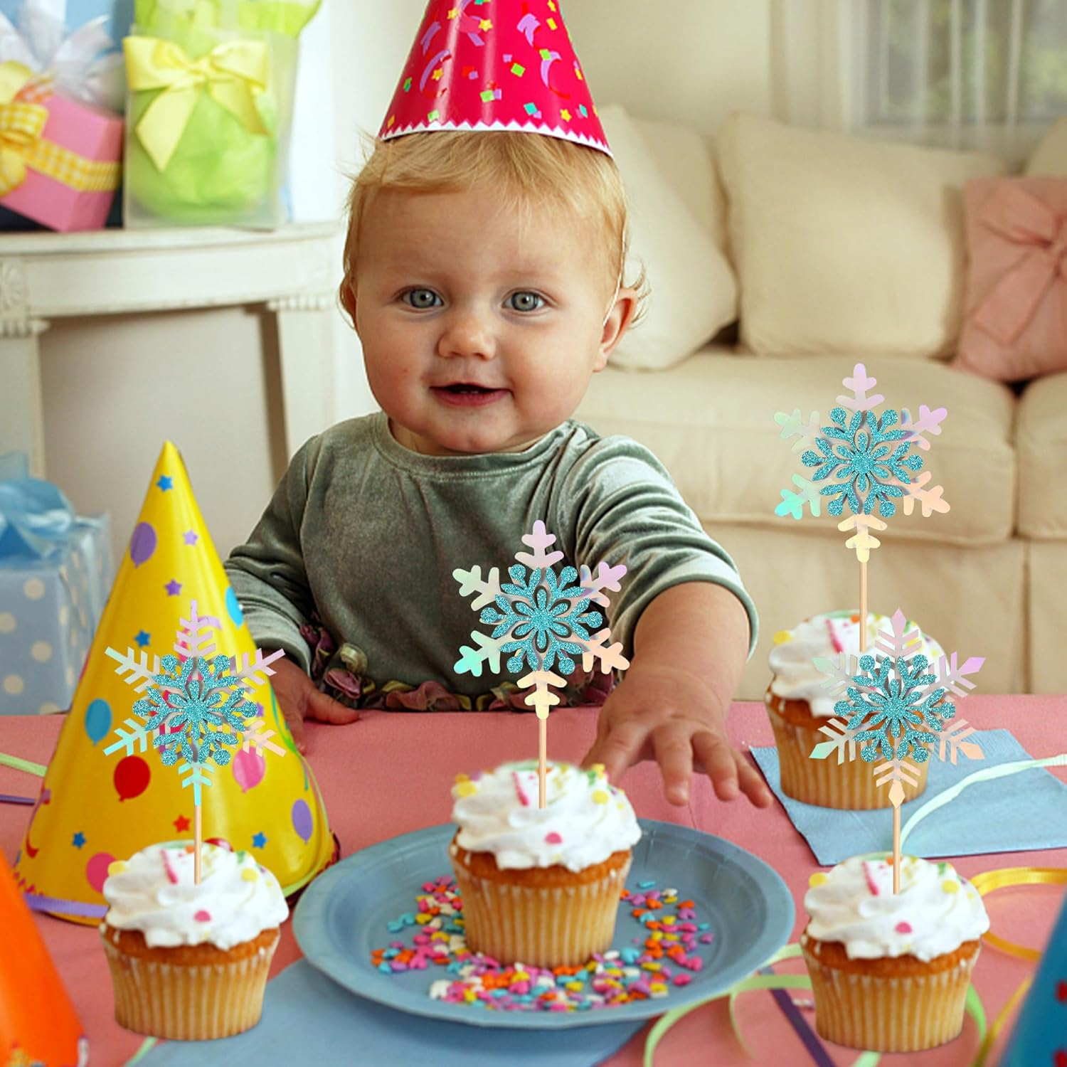 Ercadio 24 PCS Snowflake Cupcake Toppers Assemble Glitter Double Layers Winter Snowflake Cake Picks for Winter Wonderland Baby Shower Birthday Merry Christmas Party Cake Decorations Supplies image number 1