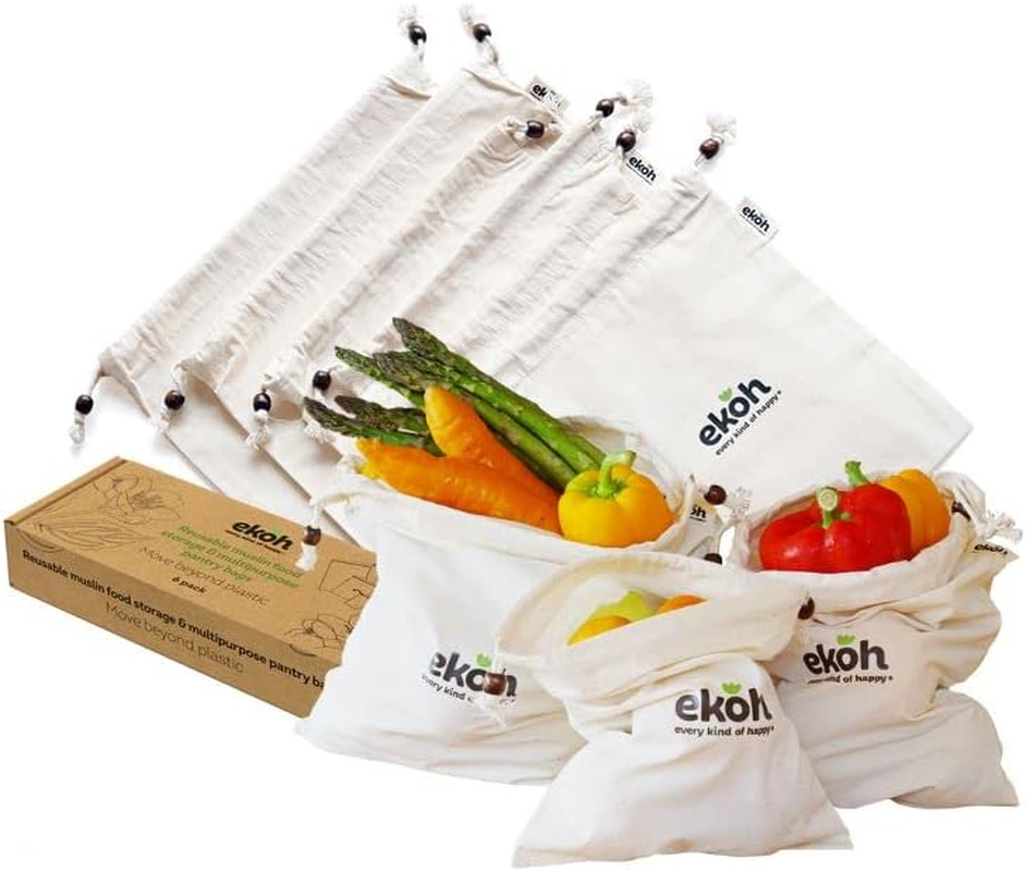EKOH Reusable Produce Bags | Set of 6 Washable Organic Cotton Drawstring Bags | Double Stitched Muslin Shopping Bag | Bread, Onions, Fruit Veggie Grocery Storage Bags - 3 Size (2S, 2M, 2L) image number 5