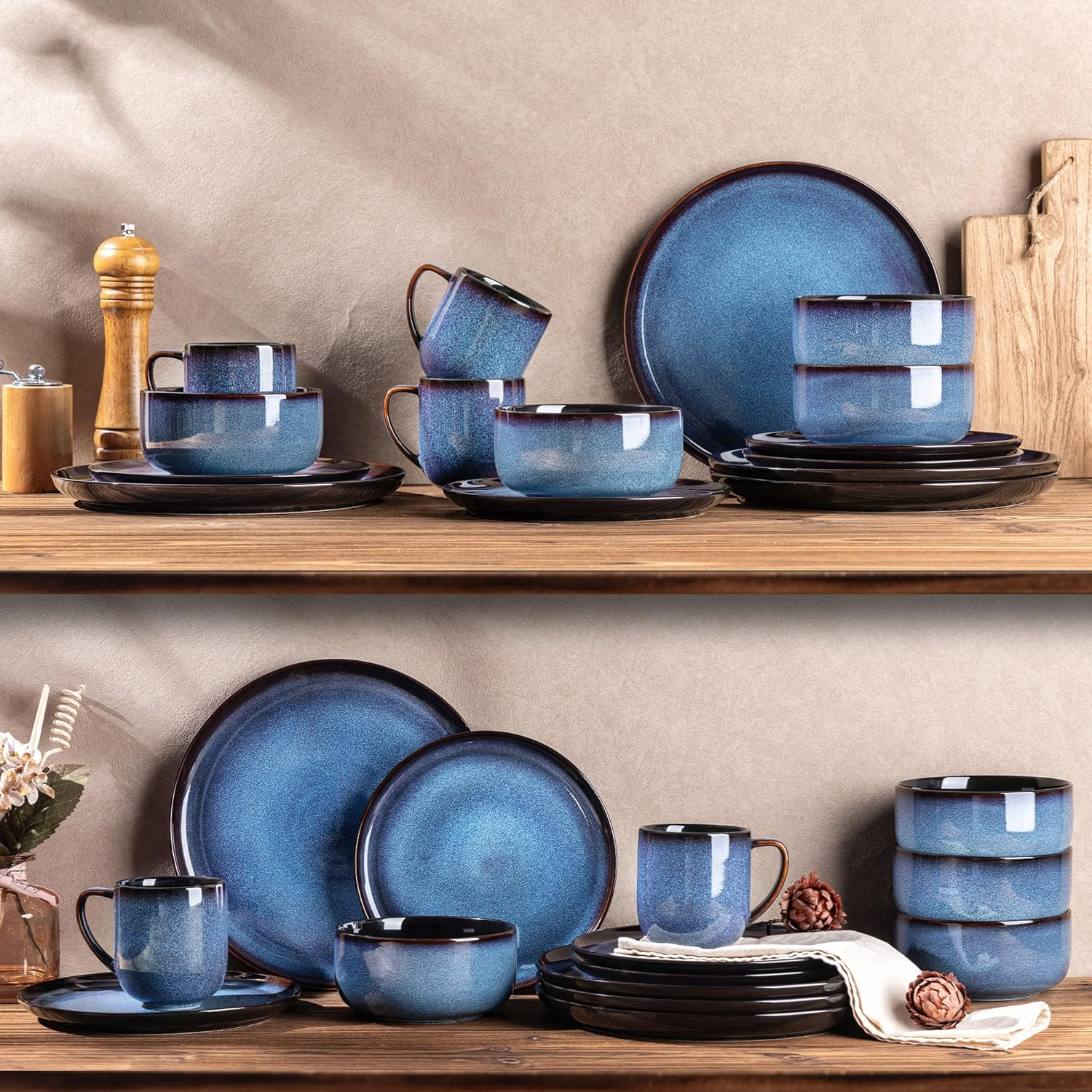 LERATIO Ceramic Dinnerware Sets for 4,16-Piecereactive Glaze Plates and Bowls Set with Mugs,Highly Chip and Crack Resistant | Dishwasher,Microwave & Oven Safe Dishes Set-Blue image number 5
