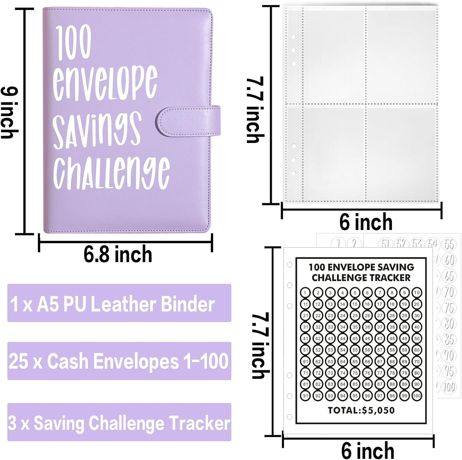 100 Envelope Challenge Binder, Savings Challenges Sheets,Easy and Fun Way to save $5,050, Budget Binder with Cash Envelopes, Savings Challenges Binder, Budget Planner Book for Budgeting (Purple)