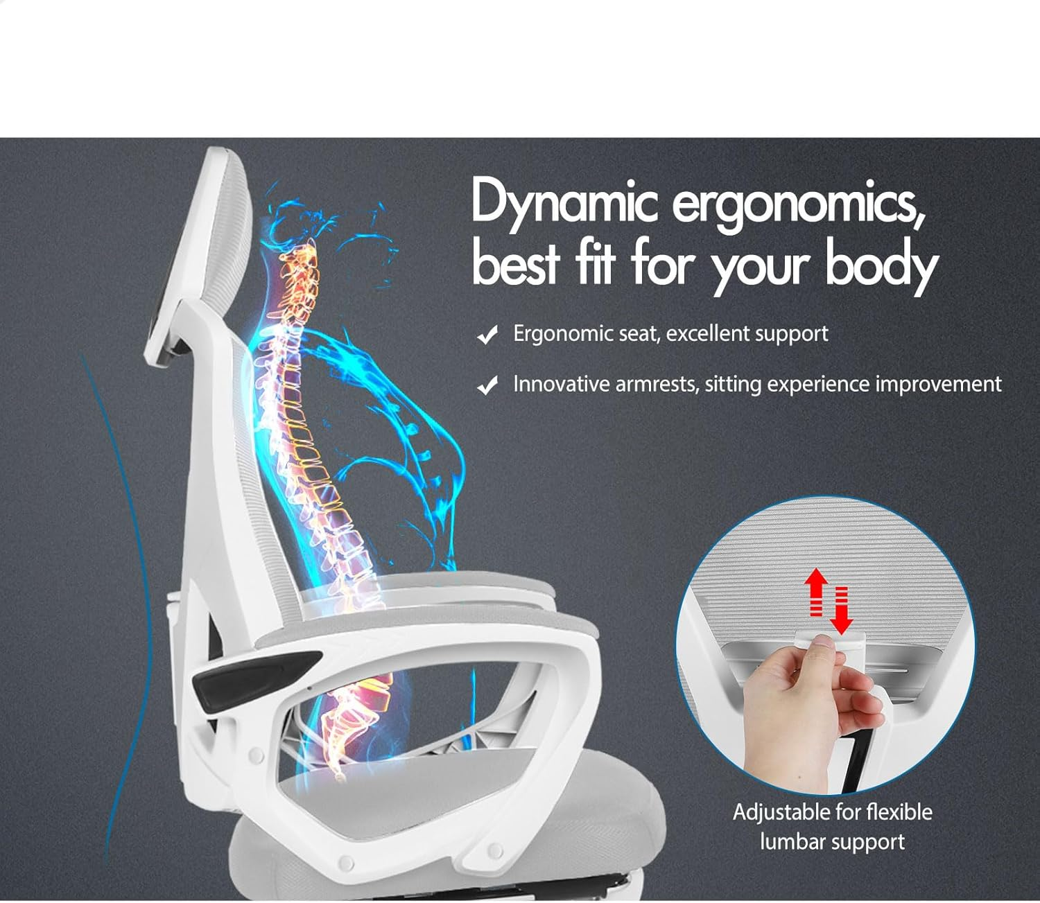 ALFORDSON Ergonomic Mesh Office Chair with Headrest and Footrest, Executive Computer Office Chair with SGS Listed Gas-Lift, Desk Task Gaming Study Student Chair for Max 180Kg, Nova White Grey - All Black image number 7