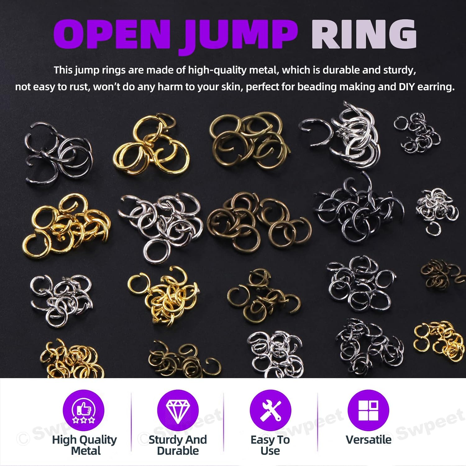 Swpeet 2724Pcs 4Mm 5Mm 6Mm 8Mm 10Mm Open Jump Rings and Lobster Clasps with Jewelry Repair Tools Assortment Kit, Including Waxed Necklace Cords, 12Mm Lobster Clasps, Tibetan Silver Pendant