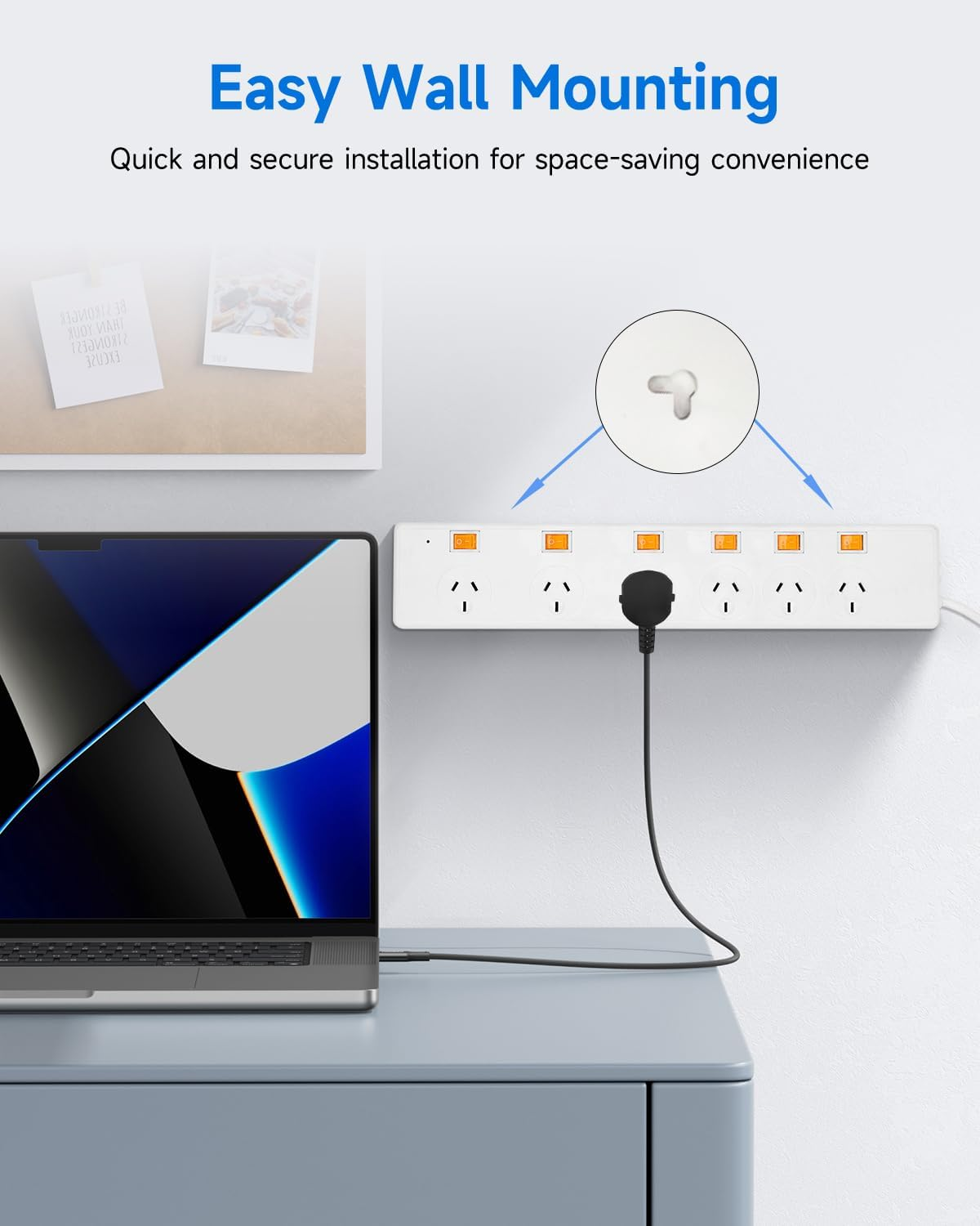 Surge Protector Power Board - 6 Widely Outlets with Individual Switch, LERLIUS Power Strip with 1.5M Extension Cord, 900J Surge Protection, Wall Mount, 2400W/10A/240V, White image number 5