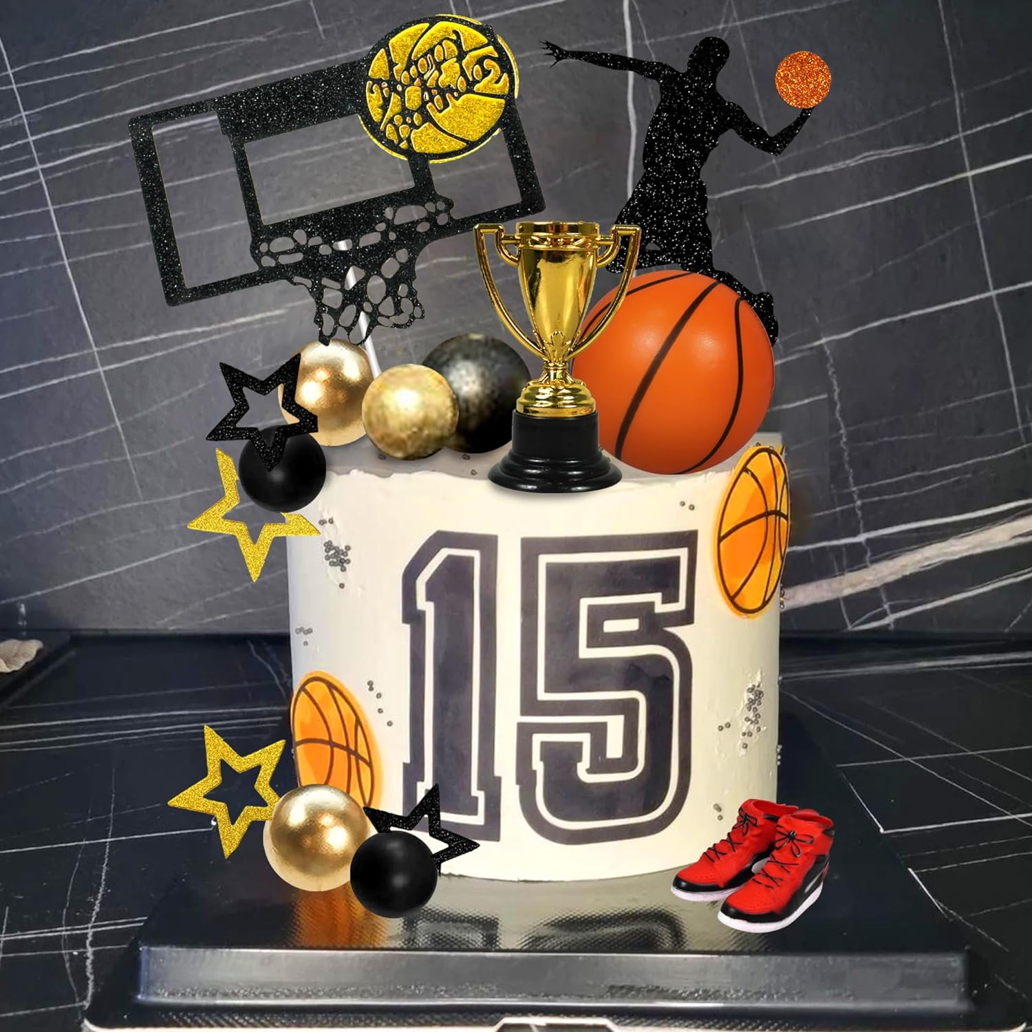 DRWATE 28 PCS Basketball Cake Toppers Black Gold Ball Theme Decoration for Boy Birthday Party Supplies Decorations (Style 1) image number 1