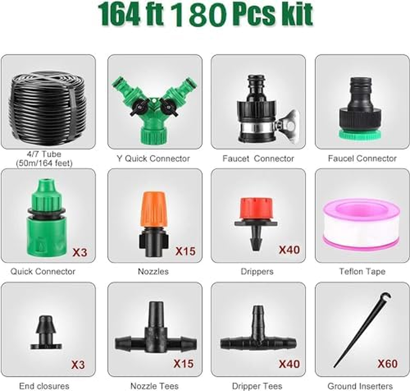 Garden Drip Irrigation System,164Ft 180 Pack Garden Sprinkler System with Adjustable Dripper and 1/4" Tubing, Automatic Drip Irrigation Kit for Garden,Greenhouse, Flower Bed,Patio,Lawns image number 1