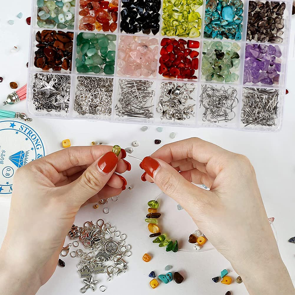1150Pcs Crystal Jewellery Making Kit, 18 Colors Chip Gemstone Beads, with Irregular Natural Stone, Jewellery Wire, Pliers and Box, for DIY for Earring Necklace Bracelet Making image number 5