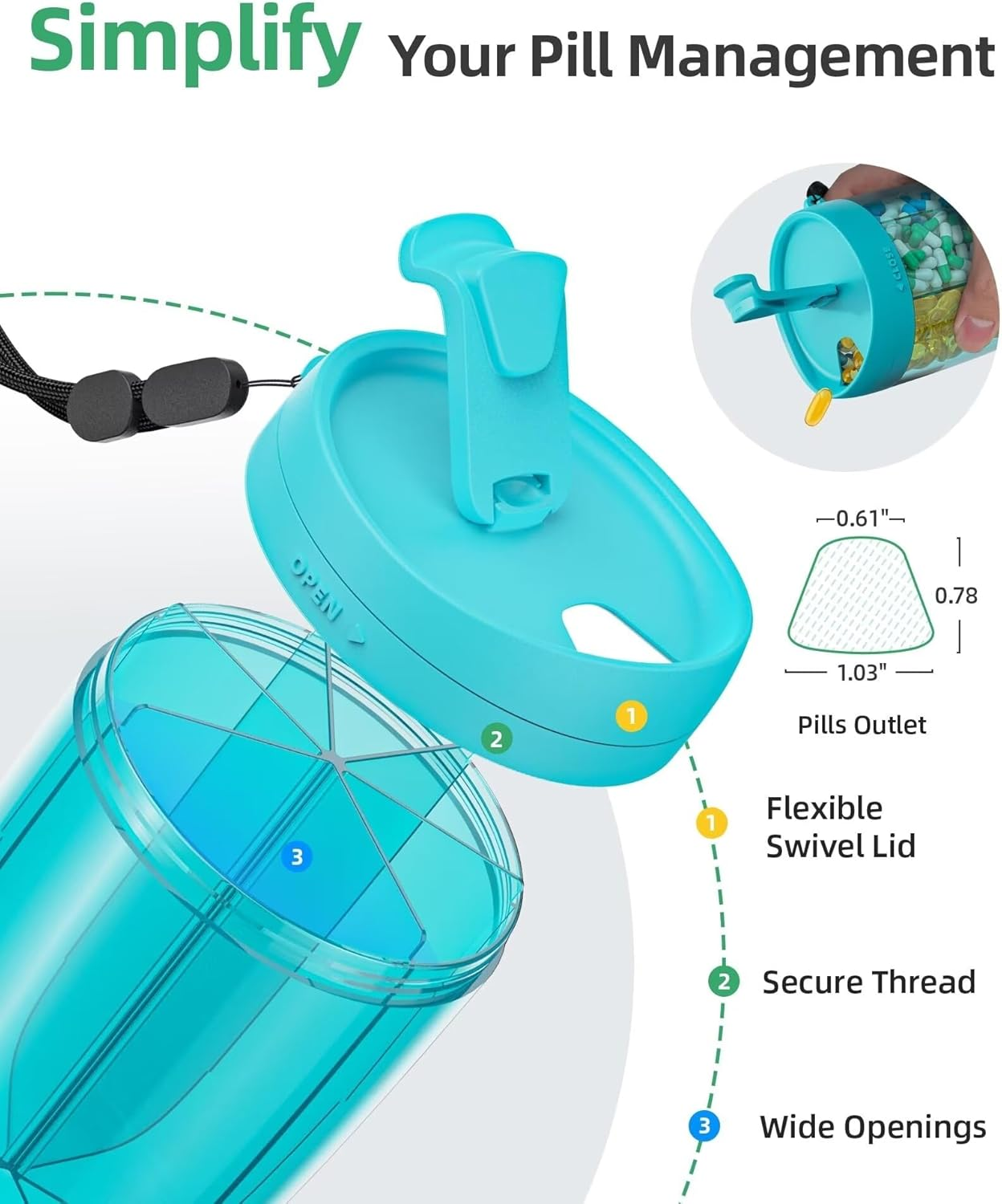 PULIV Large Supplement Organizer Bottle, Holds Plenty of Vitamins in 1 Monthly Pill Dispenser with Anti-Mixing & Wide Openings Design, Easy to Retrieve Meds, Includes 20 Pcs Stick-On Labels Blue