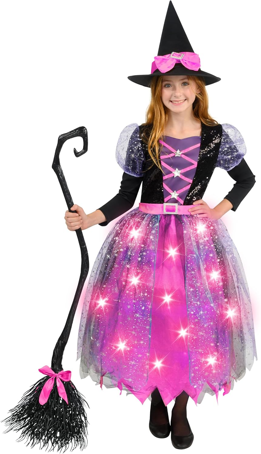 Spooktacular Creations Witch Costume Kids, Light up Halloween Costumes Witch Dress with Hat and Broom, Halloween Parties