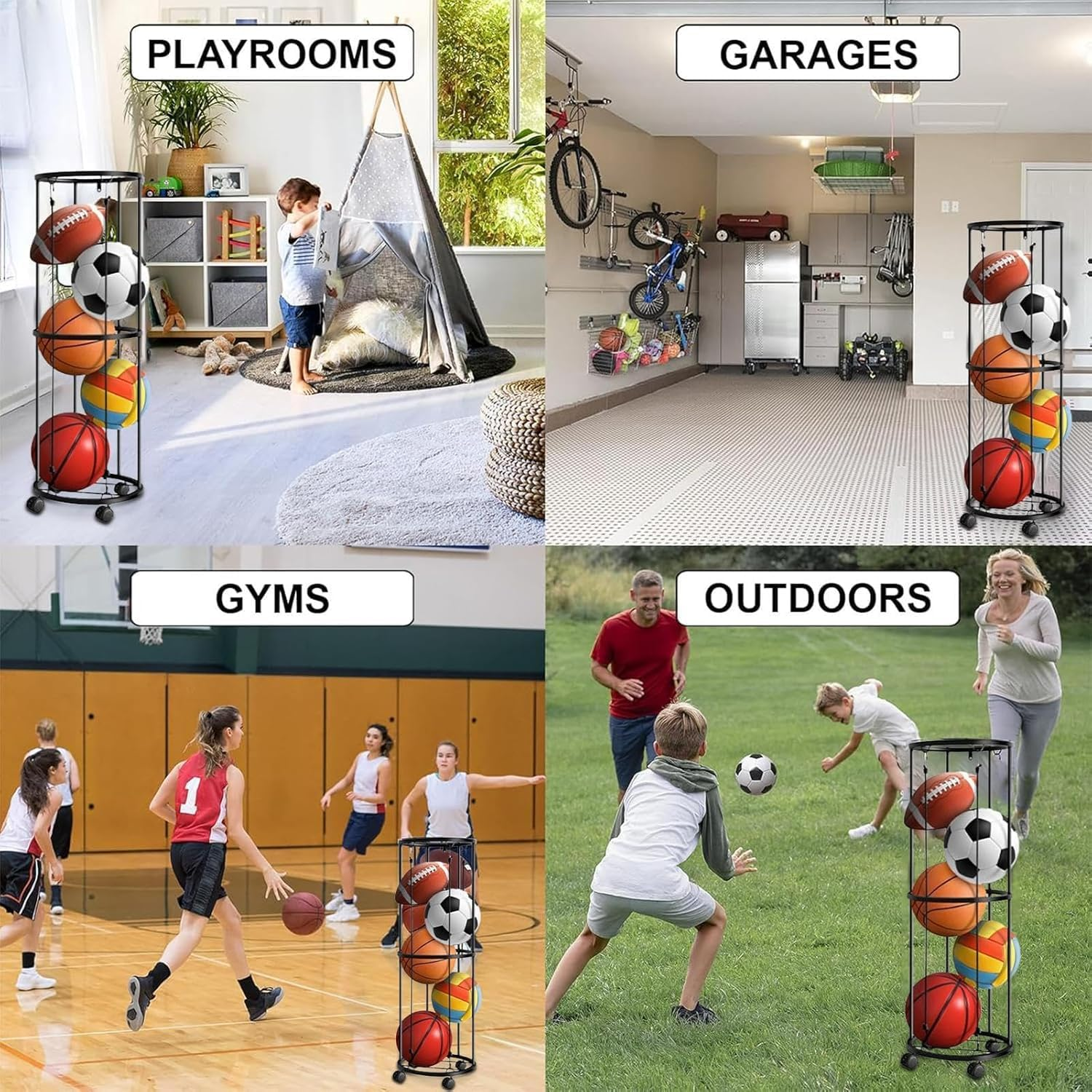 Garage Ball Storage Rack, Rolling Basketball Holder, Ball Cage Storage Rack for Basketball, Football, Volleyball, Space-Saving Sports Ball Storage Organizer for Garage & Home image number 6