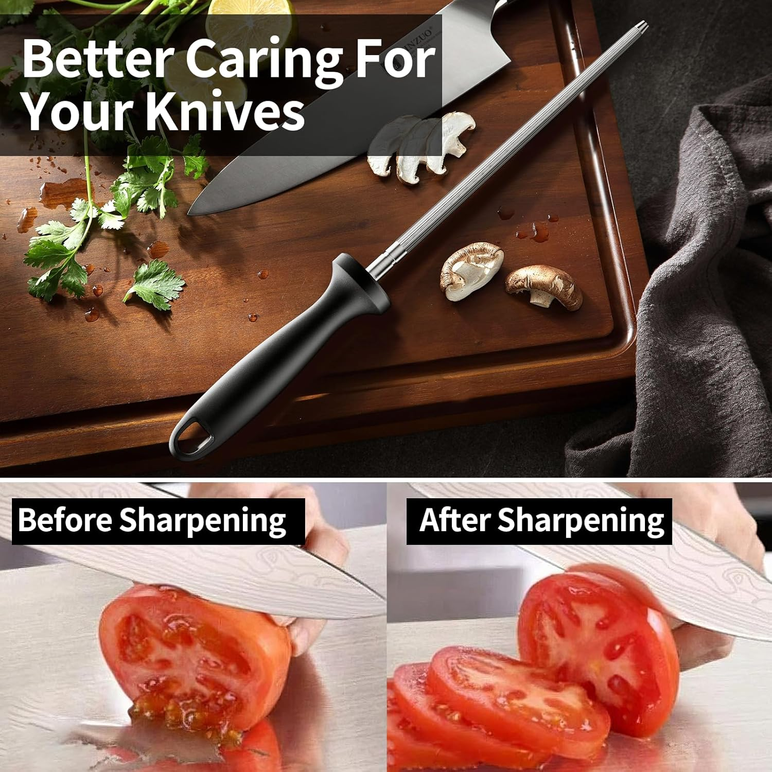 Knife Sharpener Rod, Fanerfun13 Inches Carbon Steel Professional Knife Sharpening Steel, Knife Sharpener with Hanging Holes image number 6