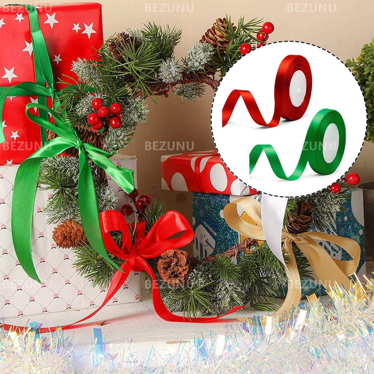 Satin Ribbon, 2 PCS Red & Green Silk Ribbon for Gift Wrapping, Braiding, Birthday, Wedding, Scrapbooking Decoration (0.6Inch)