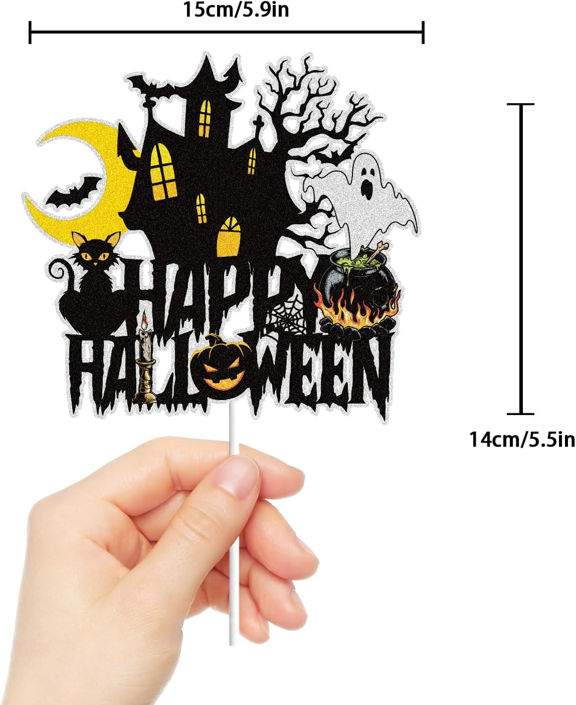 Happy Halloween Cake Topper Halloween Holiday Decorations Black Glitter Ghost House Pumpkin Moon Bat Themed Halloween Party Decoration Supplies - Halloween House image number 3
