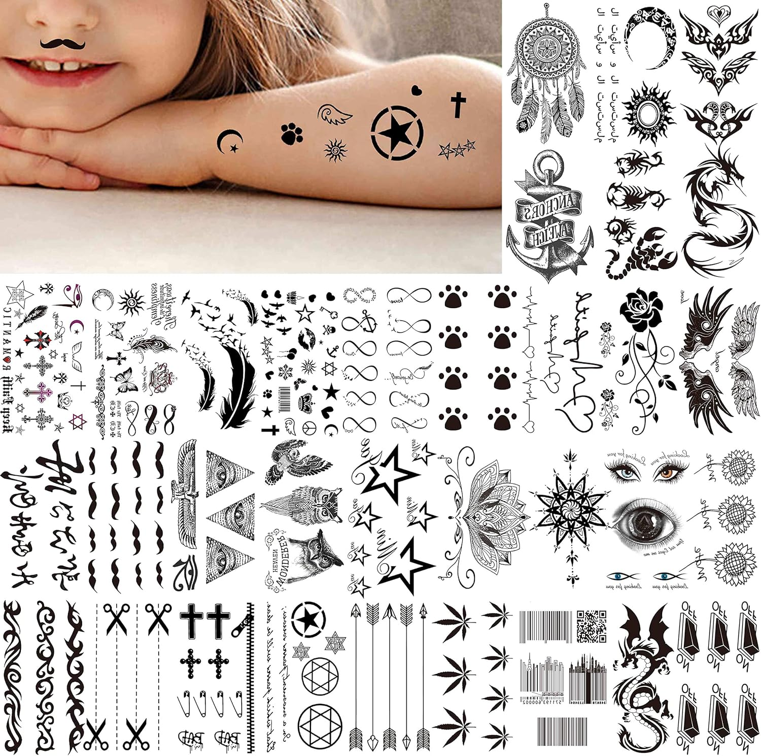 66 Sheets 3D Small Black Temporary Tattoos for Women Men Waterproof Fake Tattoo Stickers for Face Neck Arm Children Flower Birds Star Realistic Tatoo Kits for Boy Girls Adults image number 5