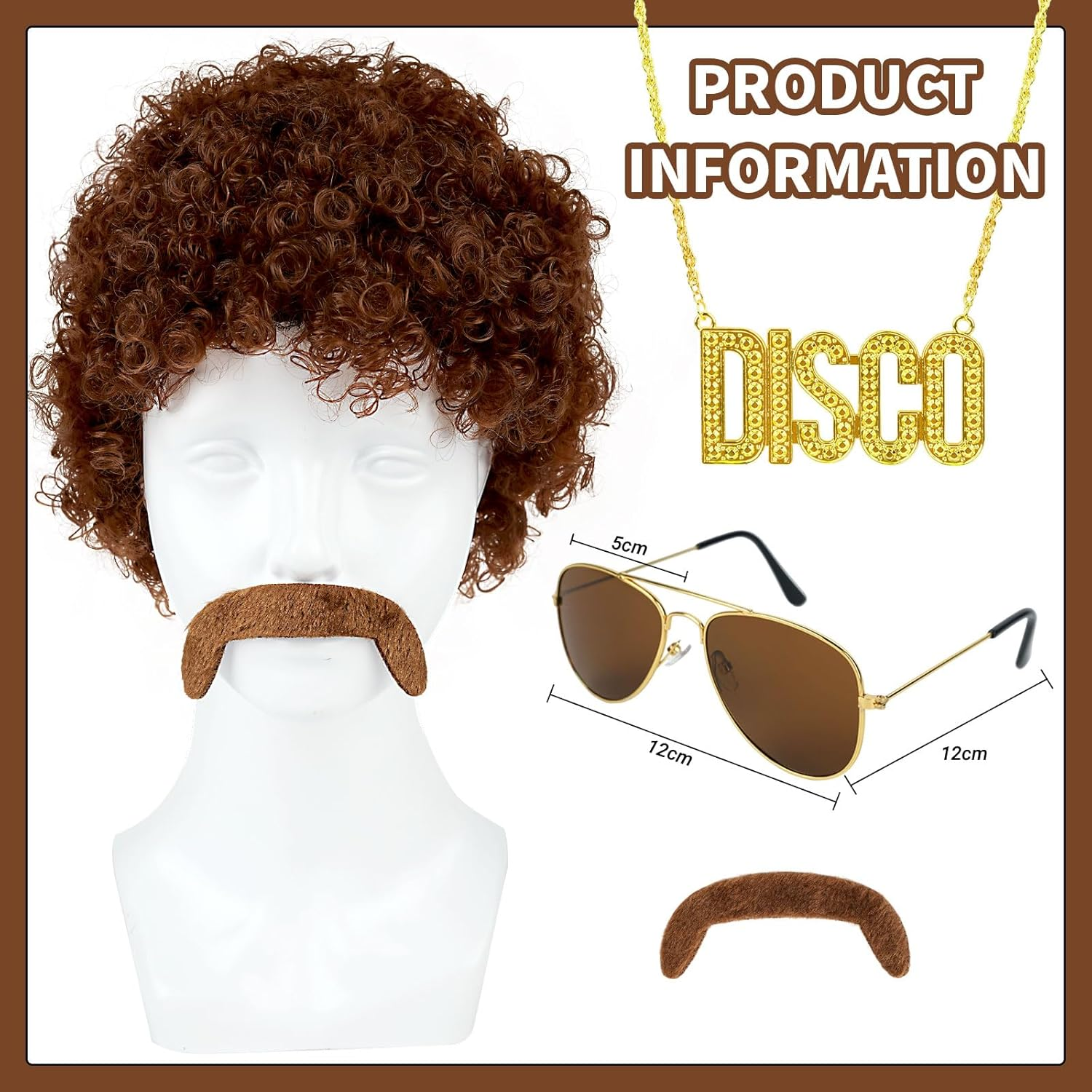 5Pcs Boy 70S Disco Costume,Kids Boys Sequins Dress Shirt,Wig Disco Necklace Sunglasses for 60S Dress Up image number 1