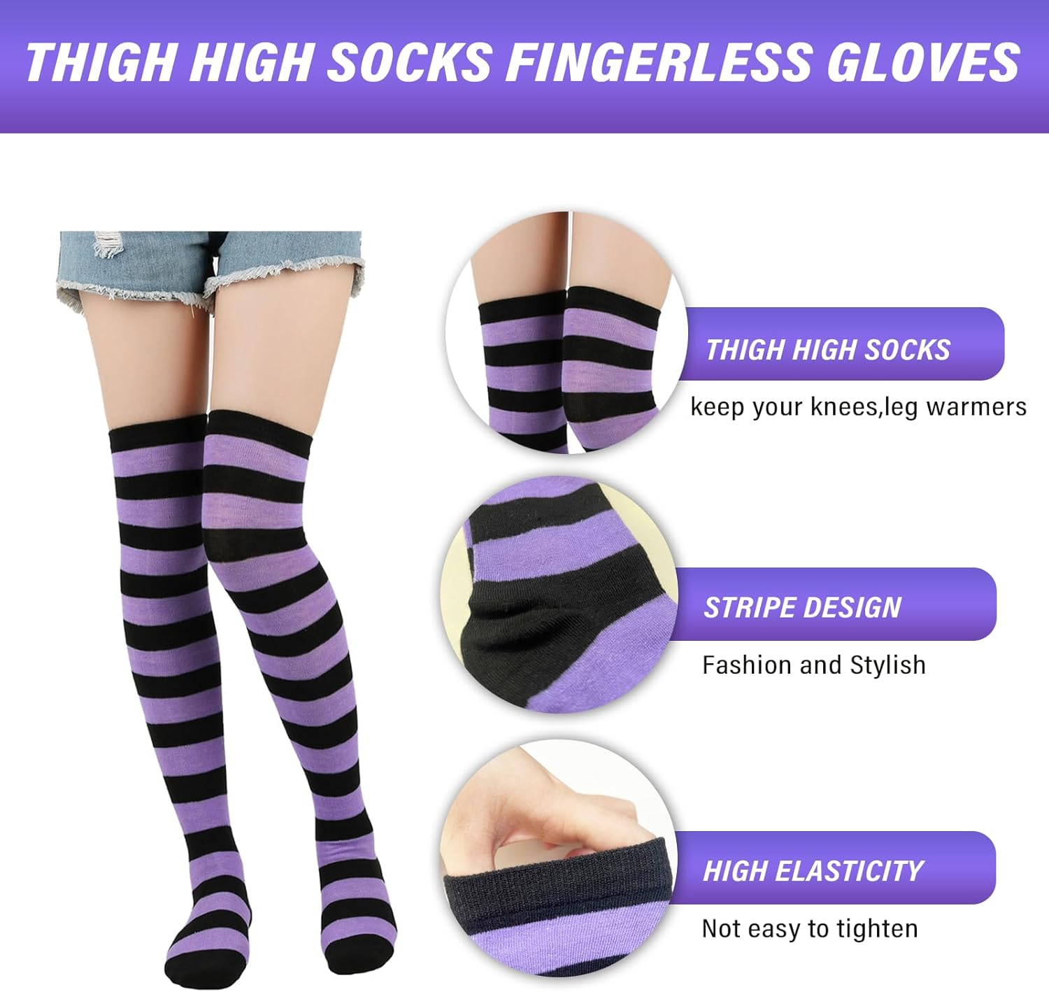1 Thigh High Socks with 1 Fingerless Gloves,Cute Stripe Long Knee High Socks, Funny Soft Leg Warmers for Novelty Party Halloween Cosplay Stage - Black White image number 5