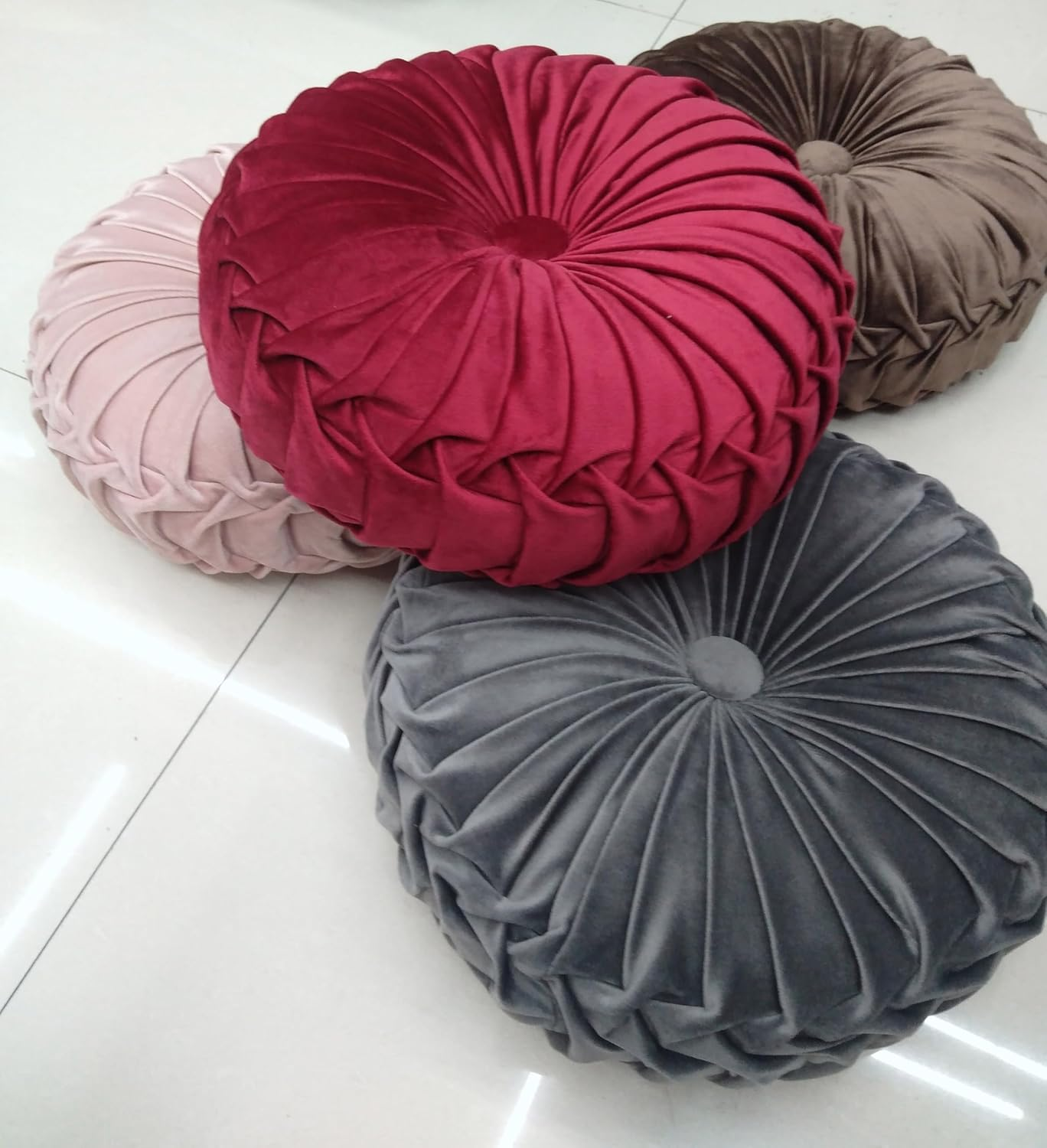 Craftsmanship Pleated round Throw Pillow, Home Decorative Pumpkin Velvet Cushion, Floor Pillows for Living Room Chair Couch Sofa (Grey)