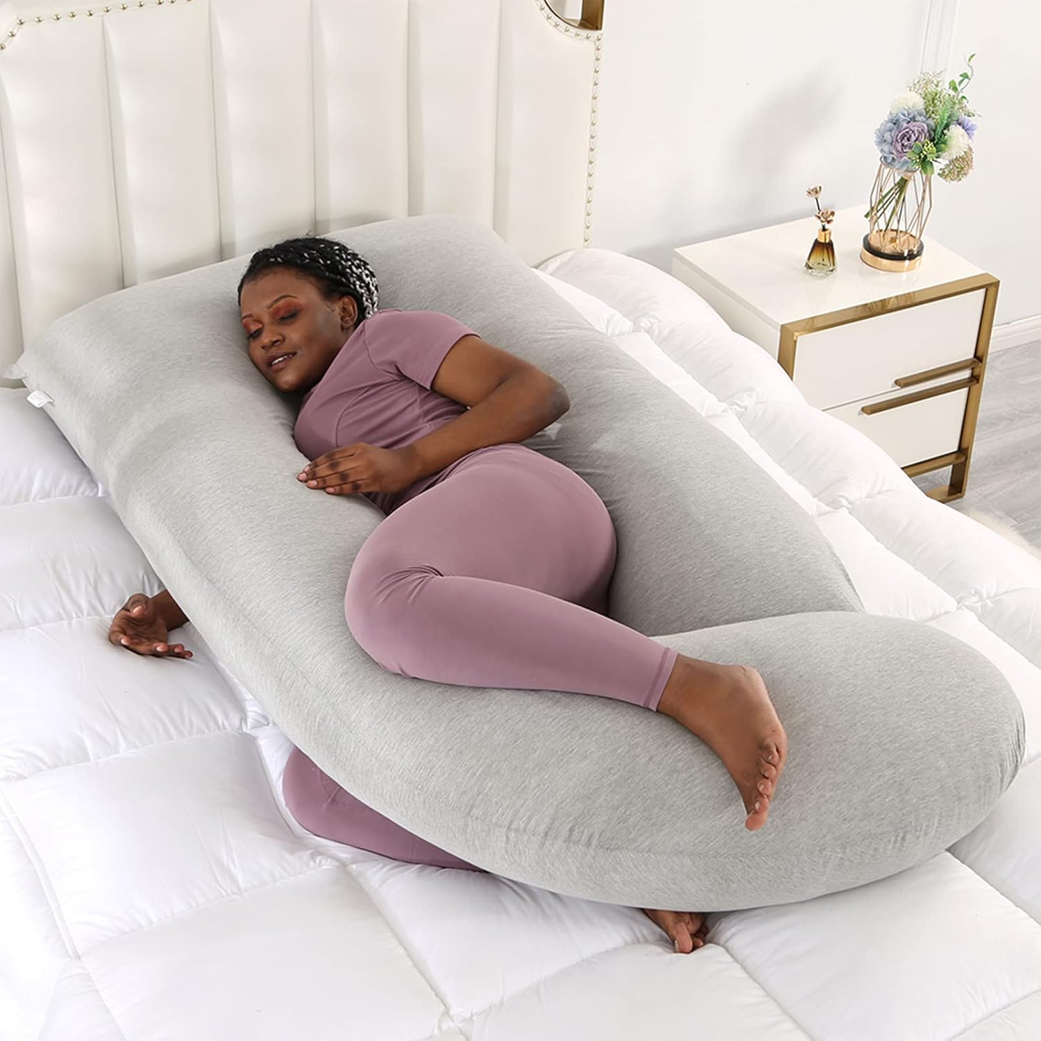 Pregnancy Pillow, J Shaped Body Pillow with Removable Cover, Full Body Pregnancy Pillow Support for Back, HIPS, Legs, Belly for Nursing, Maternity and Pregnancy (140X70X18Cm, Grey) image number 5