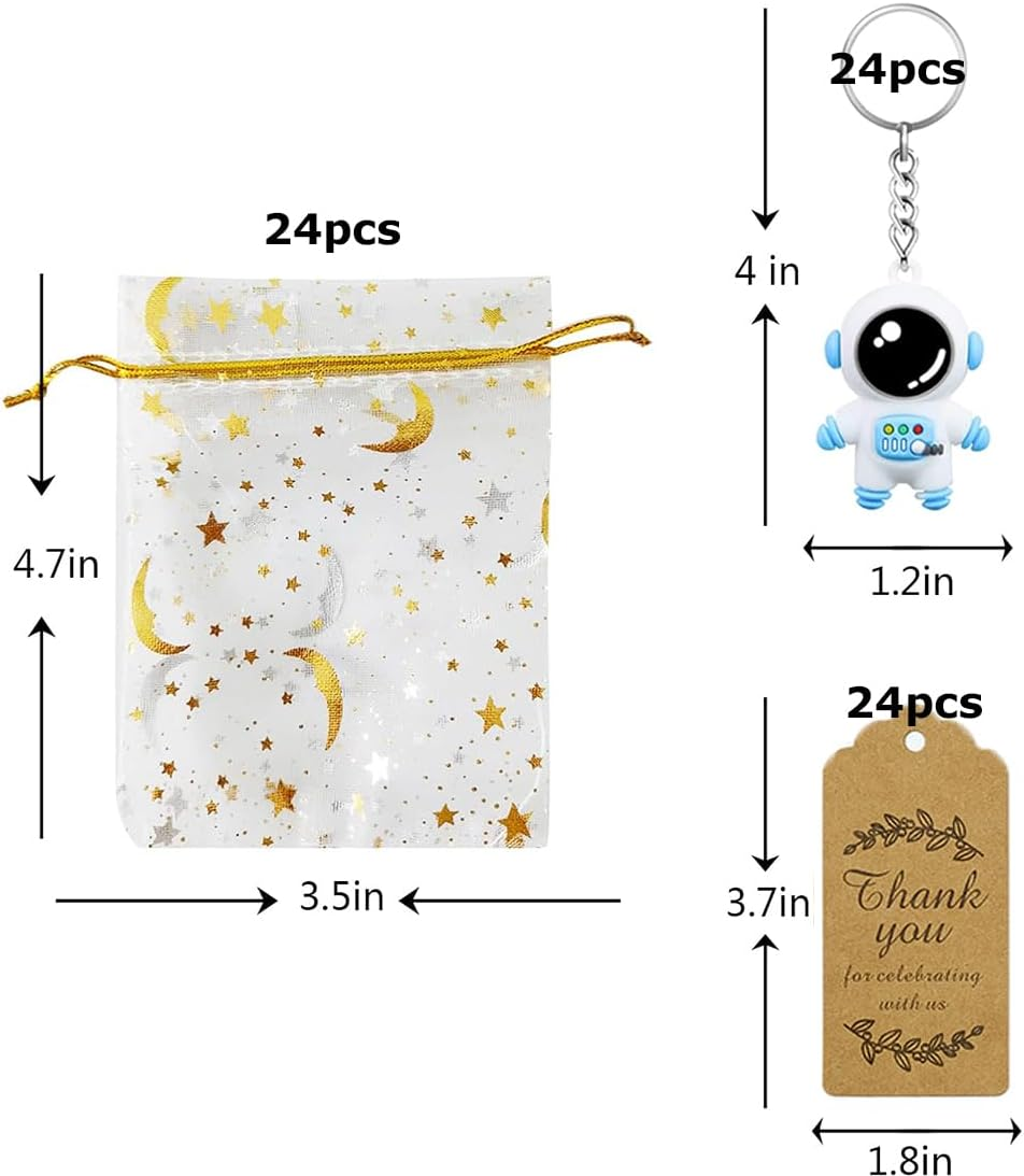 24 Sets Astronaut Party Favours, Astronaut Space Keychains with Organza Bags Thank You Kraft Tags Bulk Return Gifts for School Reward Birthday Baby Shower Favours Astronomy Party Supplies
