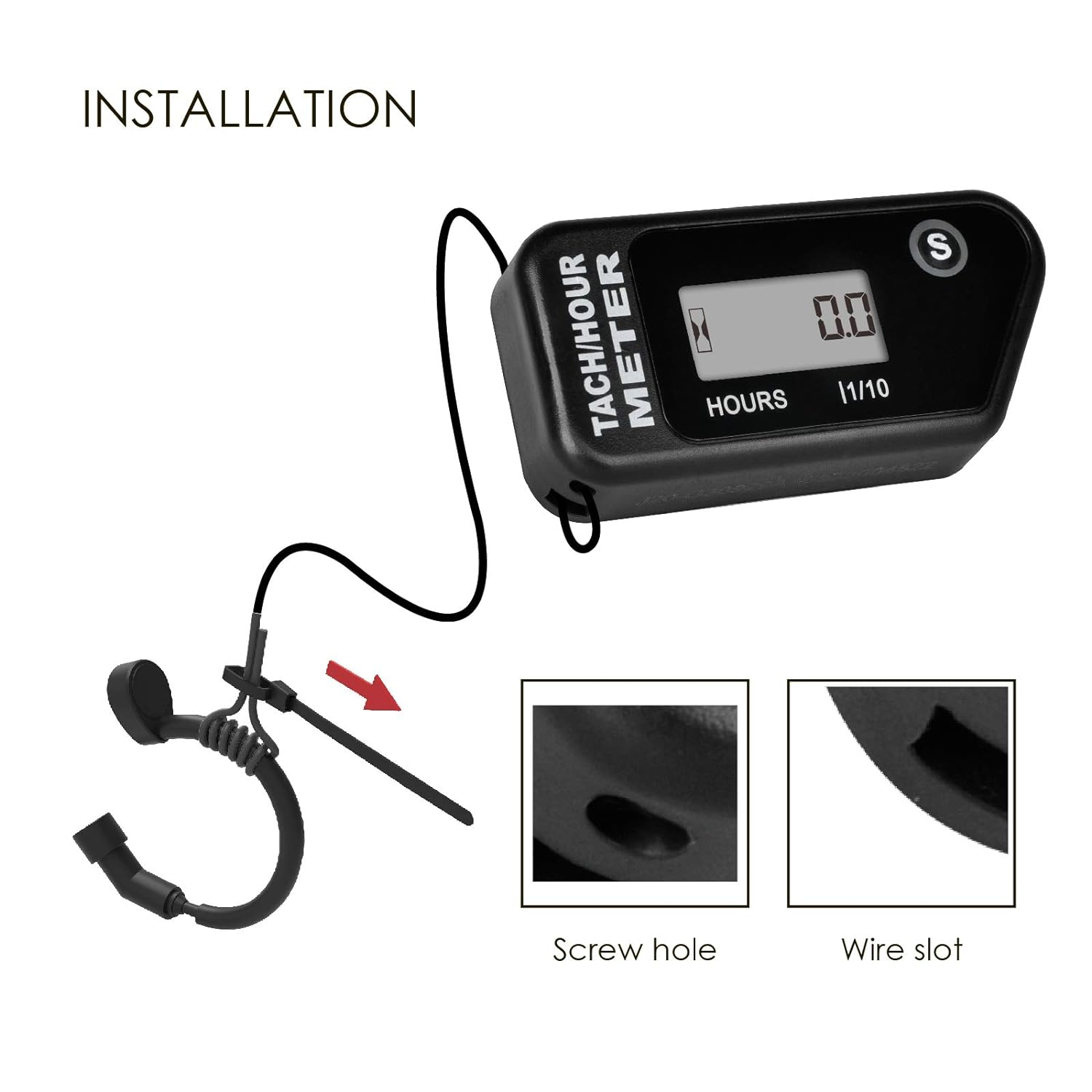 Jayron Digital LCD Tachometer Inductive Tach Hour Meter Display Max RPM Waterproof for Most Gas Engine Marine ATV Generator Lawn Tractor Motorcycle (Black) - Black image number 4