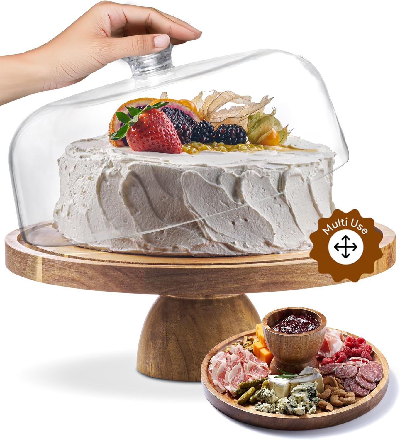 Acacia Wood Cake Stand with Lid - 12In round Cake Holder, 2-In-1 Dessert Table Display Set & Charcuterie Board for Cheese, Chips & Dips, Nachos, Fruit Platter, Large Acrylic Cake Dome Cover image number 3