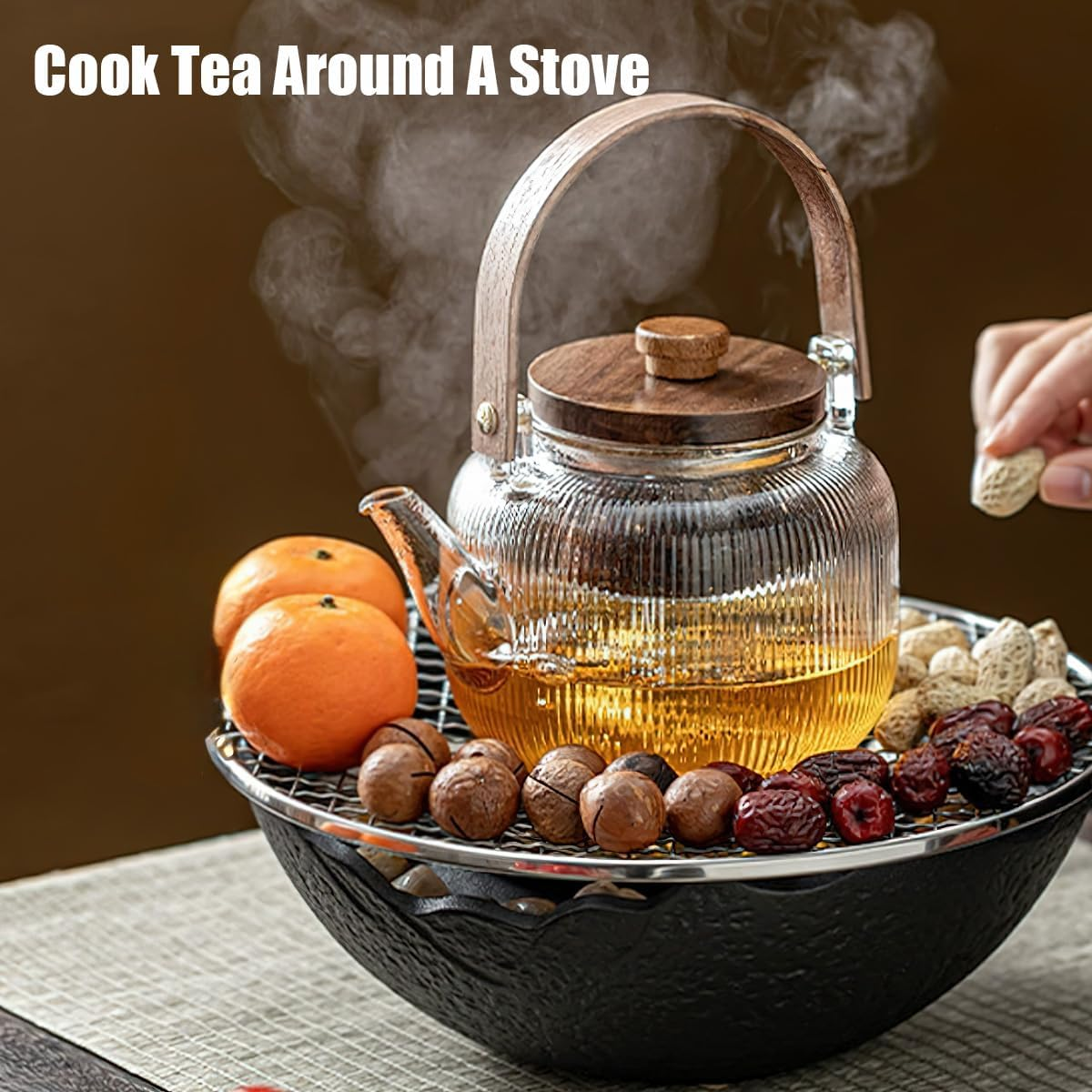 Borosilicate Clear Tea Pot, 1000Ml (33.8Oz) Glass Teapot Kettle with 2 Type Removable Infuser and Wooden Lid, Gas & Electric Stovetop Safe, for Blooming Flower Tea and Loose Leaf Tea - Transparent Color image number 4