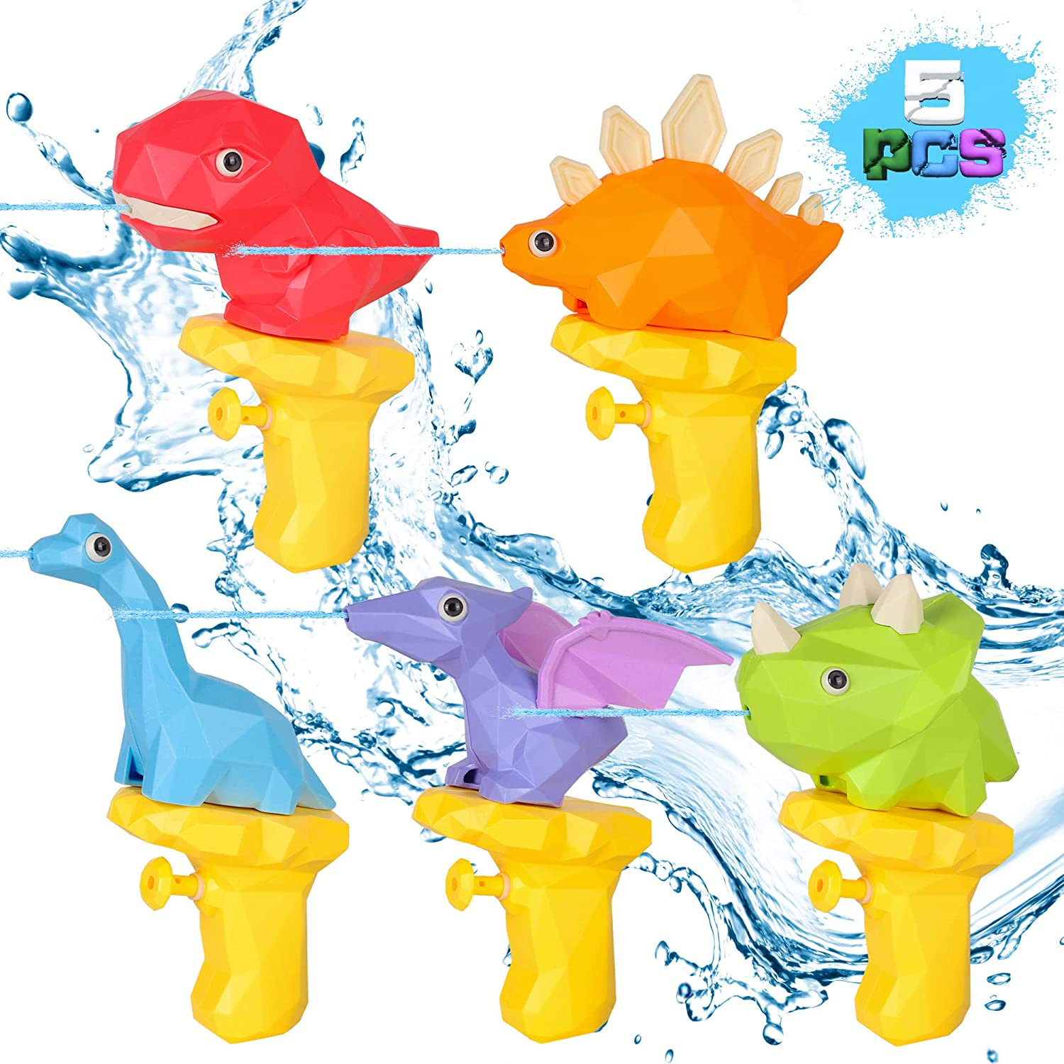 5 Pcs Water Squirt Guns for Kids, Small Dinosaur Water Pistols, Water Blaster Soaker Summer Swimming Pool Beach Party Favor Toys for Boys & Girls Toddlers Age2 3 4 5 6