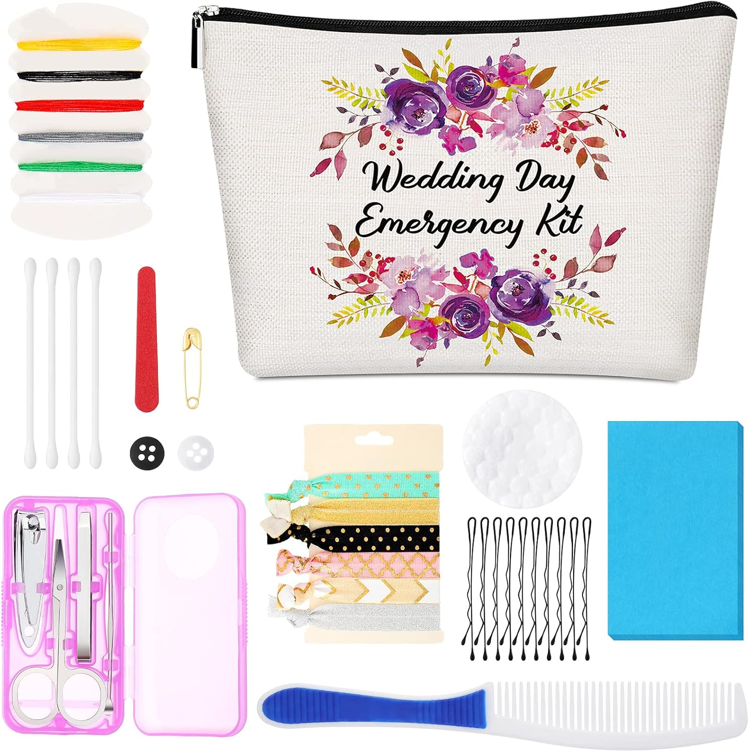 Floral Wedding Emergency Kit for Bride Wedding Survival Kit with Makeup Bag, Bride Kit Bridal Shower Gift Present Fun Engagement Present for Bride Emergency Supplies image number 6