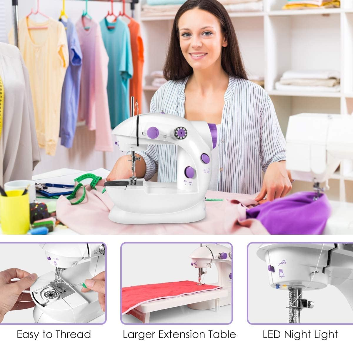 Mini Sewing Machine for Beginner, Dual Speed Portable Electric Sewing Machine with Extension Table, Light, Sewing Kit for Household, Travel Automatic Sewing Machine image number 4