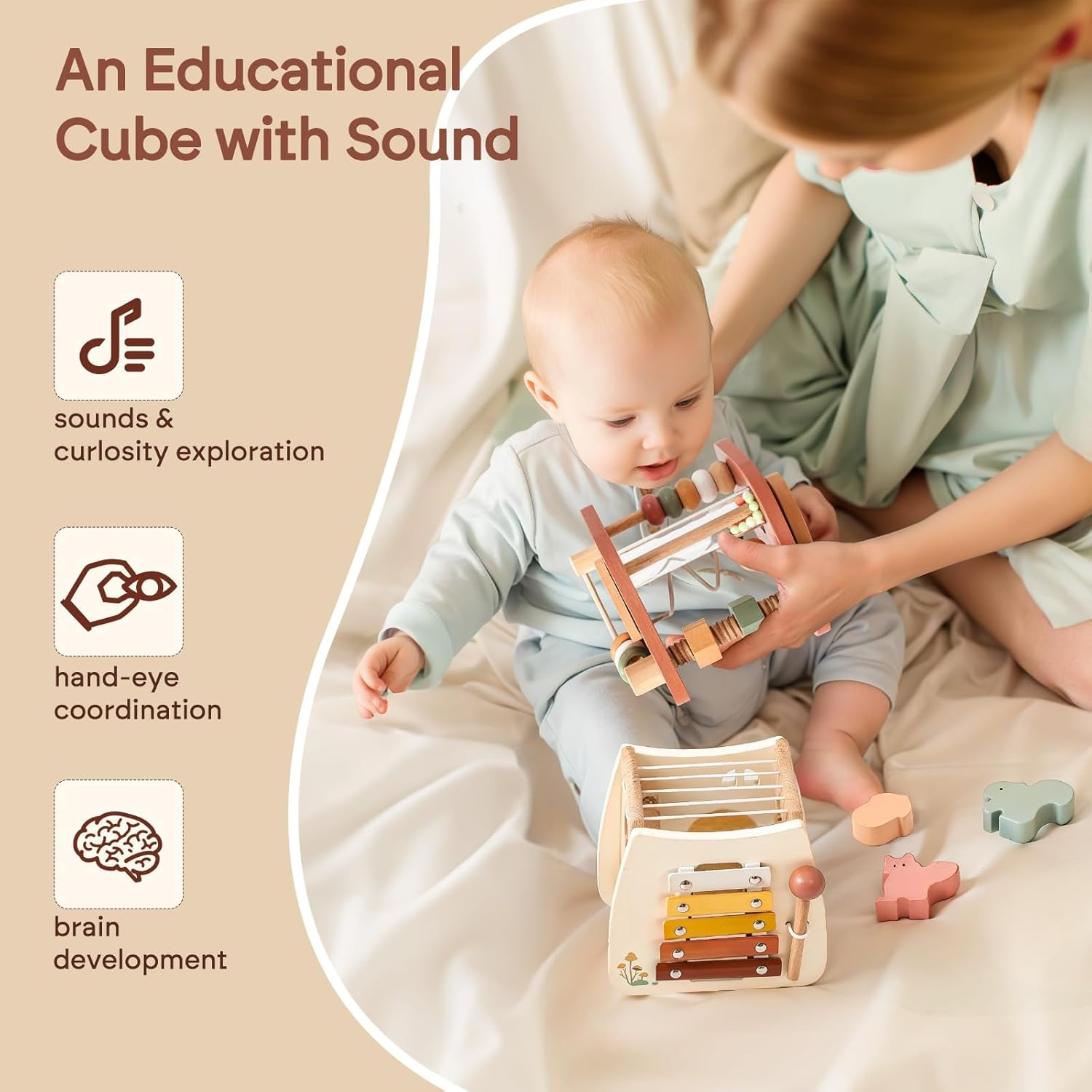 IEATFO 8 in 1 Wooden Activity Cube Toys for Baby Travel Sensory Toys for Toddlers 1-3 Multipurpose Educational Learning Toy for Kids Shape Sorter Montessori Toy to 1 2 Year Old First Birthday Gift