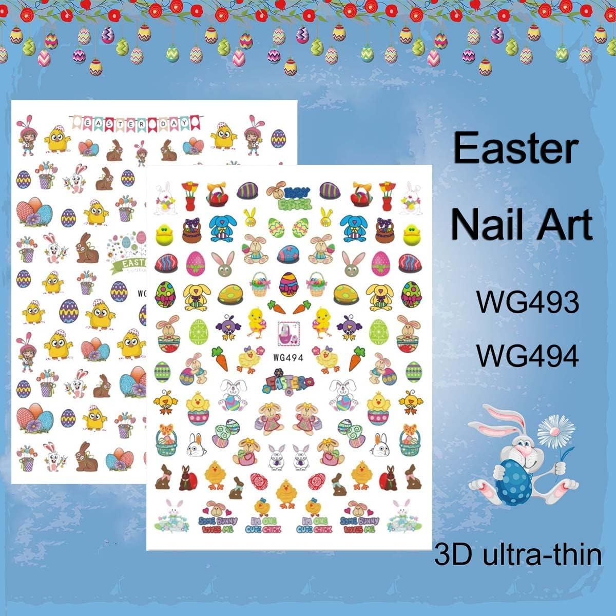 Easter Nail Art Stickers Decals, 3D Self-Adhesive Cartoon Bunny Egg Chicken Nail Decals for Women Girls Easter Day DIY Nail Decoration 6 Sheets - Gold image number 5