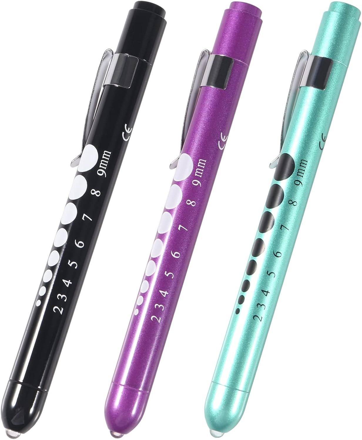 3Pcs Pen Light,Nurse Medical Reusable LED Penlight White Light with Pupil Gauge and Ruler (Black + Purple + Teal) image number 4