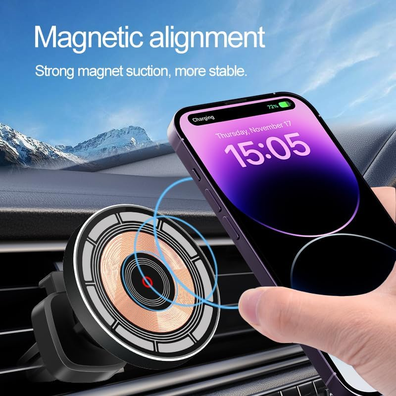 Magnetic Car Mount Wireless Charger for Iphone 12/13/14/15/16, 15W Fast Charging, Qi Compatible, Vent Mount image number 4