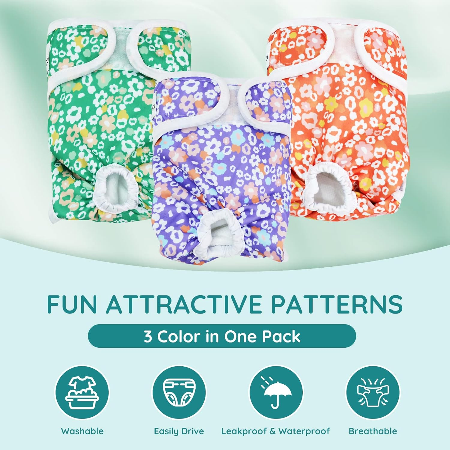 BELLA & PAL Washable Dog Diapers Female, 3 Pack Highly Absorbent Dog Diapers for Small Dogs, Leak-Proof Puppy Diapers for Female Dog in Heat, Period (XS (7-10" Waist), Pink& Purple& Green) image number 4