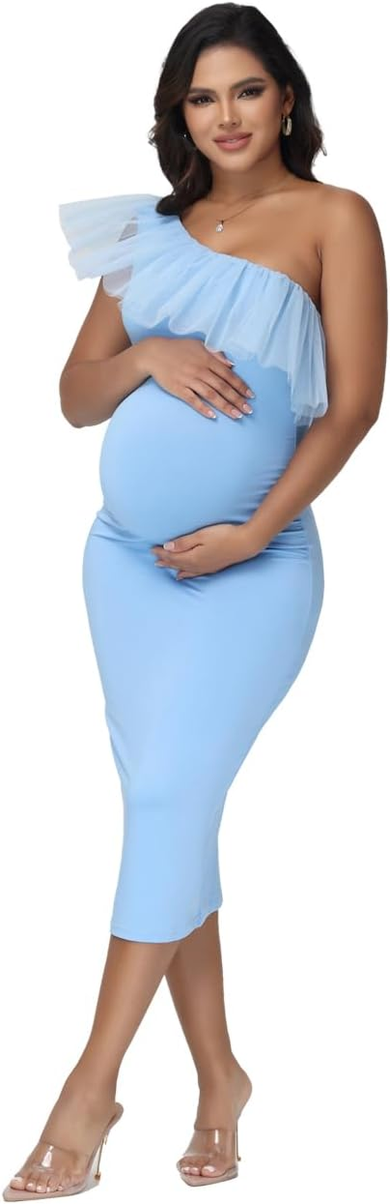 Justvh Women'S Maternity One Shoulder Mesh Collar Baby Shower Midi Dress for Photoshoot Party Bodycon Dress