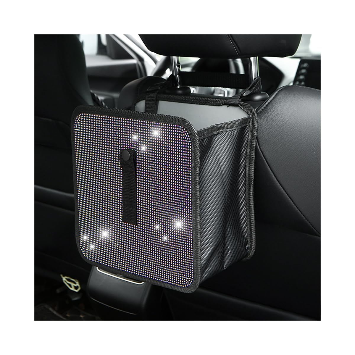 BELOMI Car Foldable Trash Can, Bling Rhinestone Crystal Auto Hanging Waterproof Leakproof Garbage Bin, Vehicle Waste Basket Dustbin, Multipurpose Car Organizer Accessories for SUV Truck RV (Black)