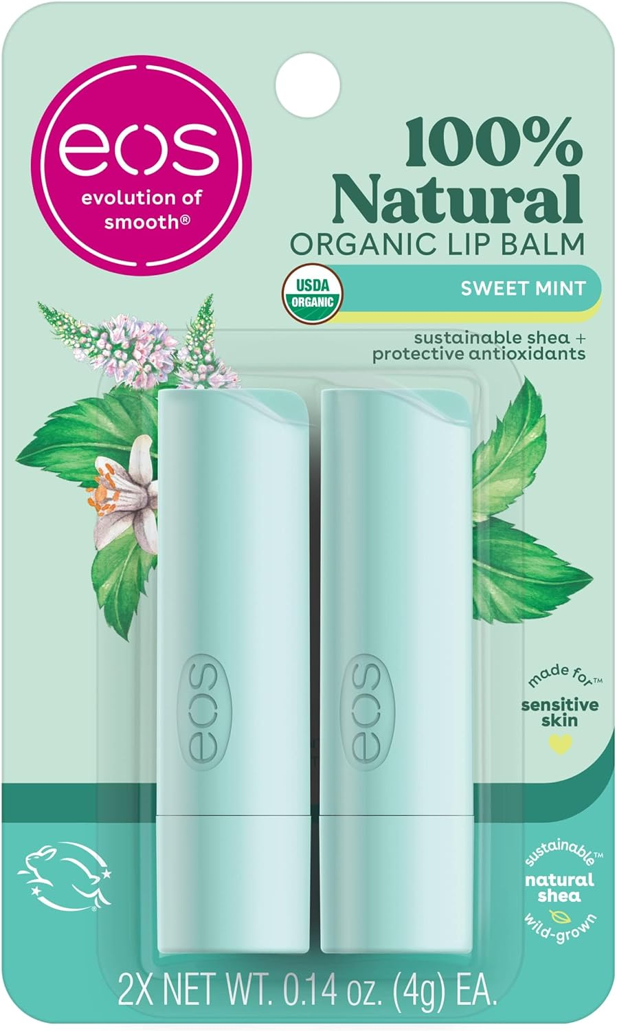 Eos & Organic Lip Balm Sticks - Sweet Mint, All Natural Lip Balm, All-Day Moisture, Dermatologist Recommended, 0.14 Oz, 2-Pack image number 2